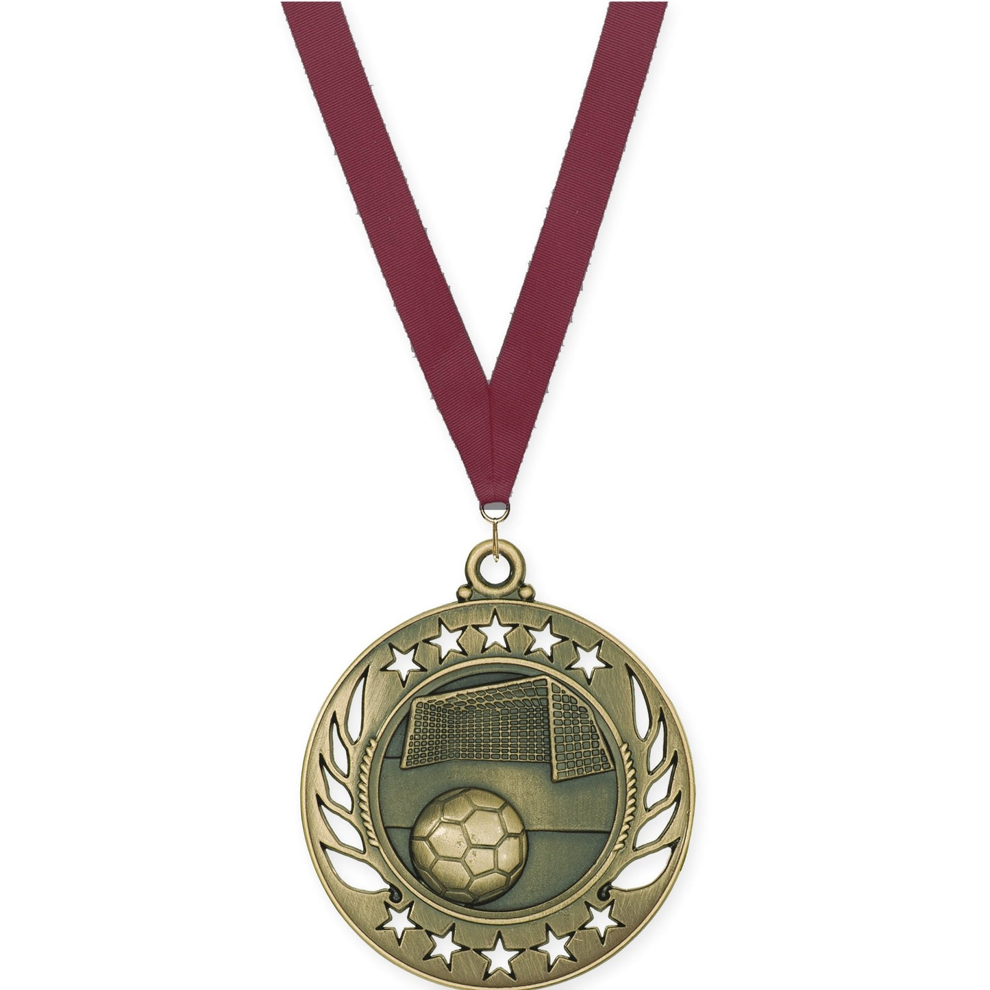 2 1/4 inch soccer Galaxy medal in antique gold with Maroon neck ribbon