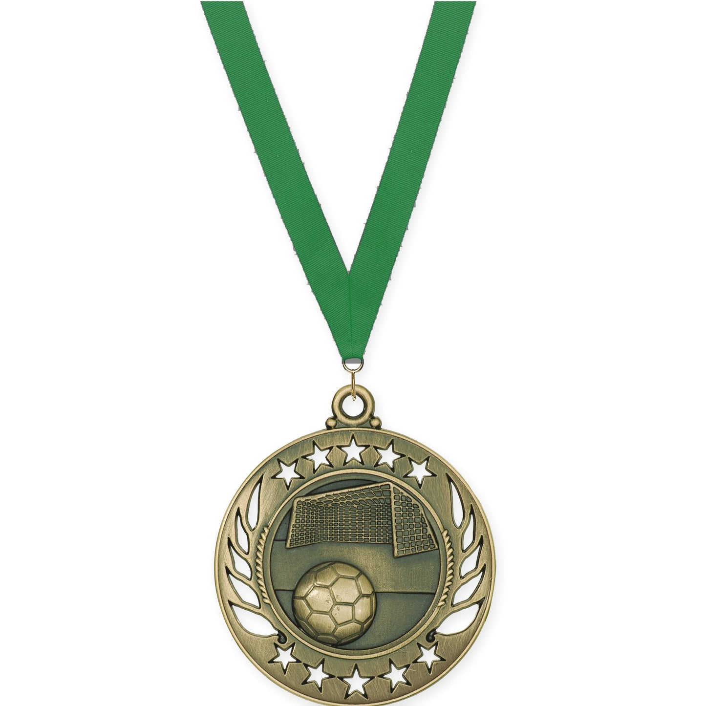 2 1/4 inch soccer Galaxy medal in antique gold with Green neck ribbon