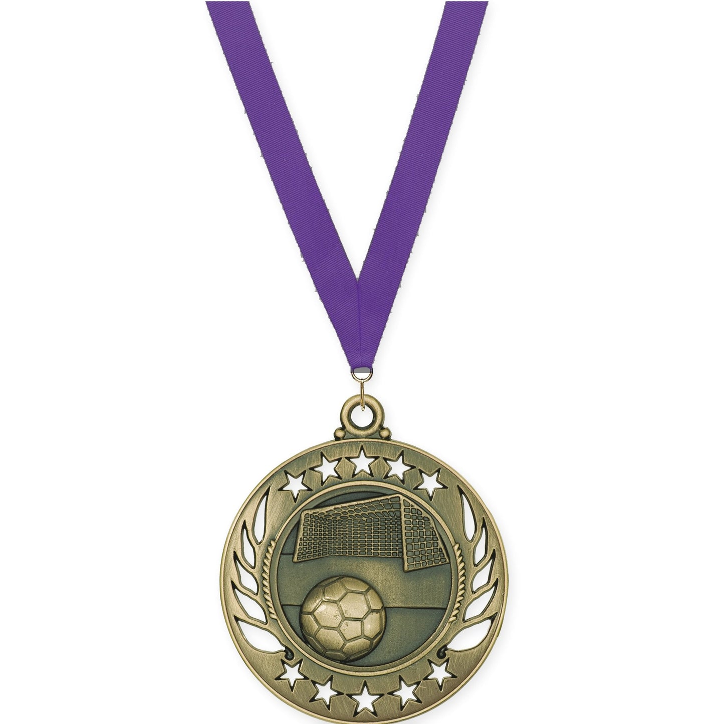 2 1/4 inch soccer Galaxy medal in antique gold with Purple neck ribbon