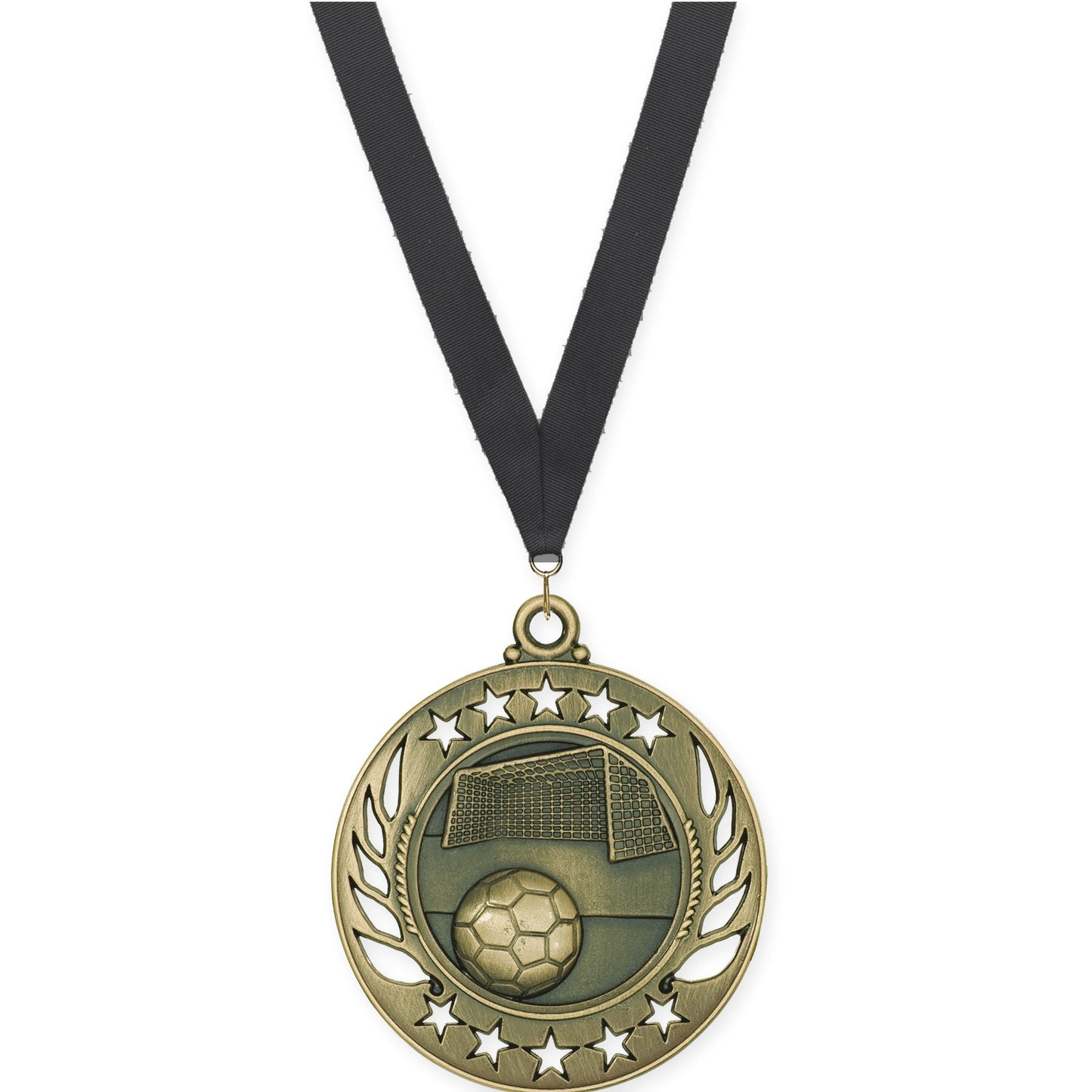 2 1/4 inch soccer Galaxy medal in antique gold with Black neck ribbon
