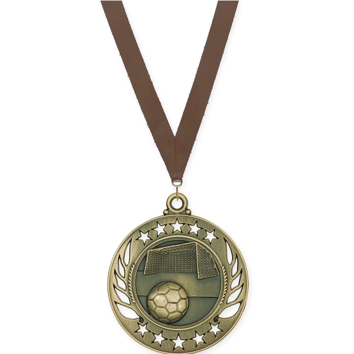 2 1/4 inch soccer Galaxy medal in antique gold with Brown neck ribbon