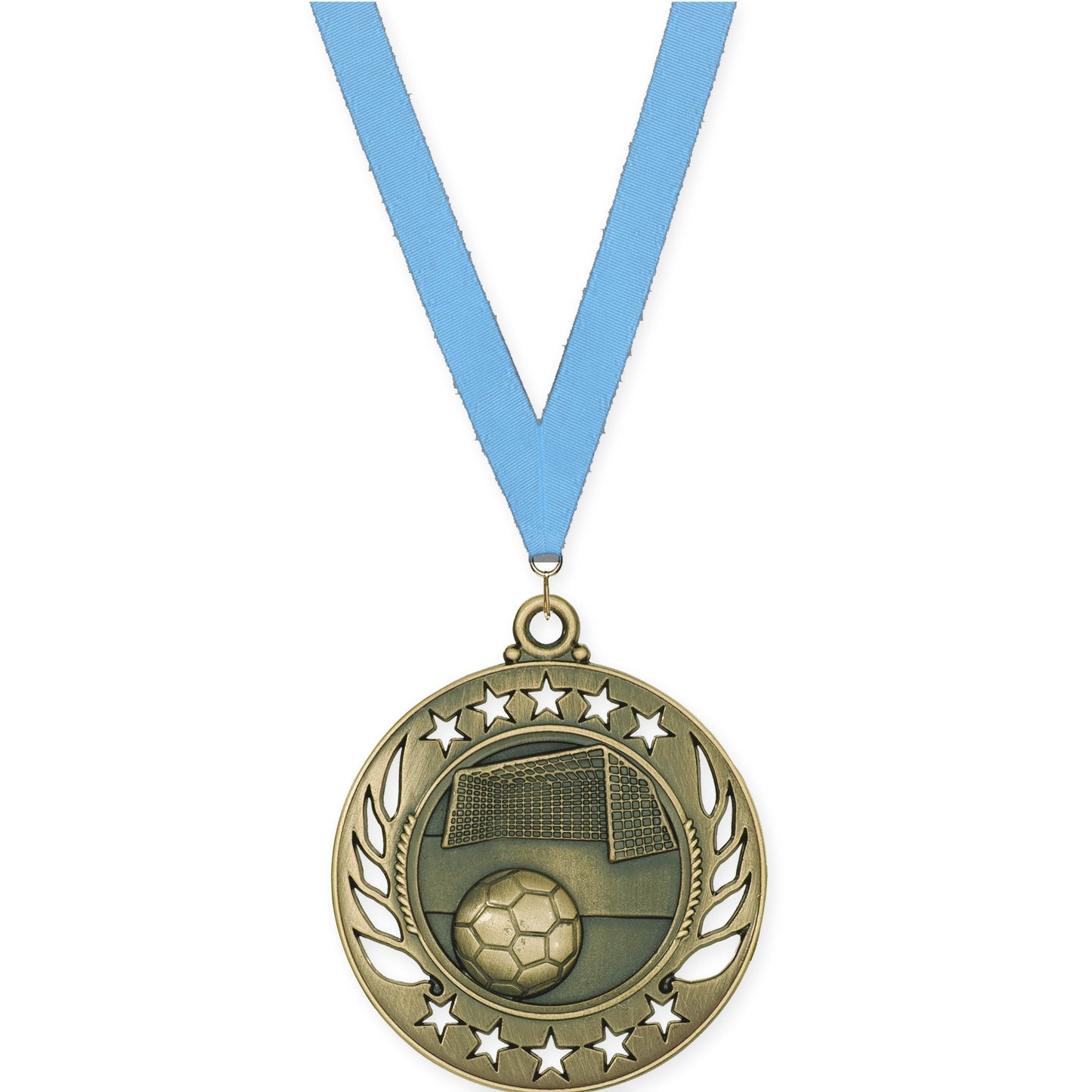 2 1/4 inch soccer Galaxy medal in antique gold with Light Blue neck ribbon