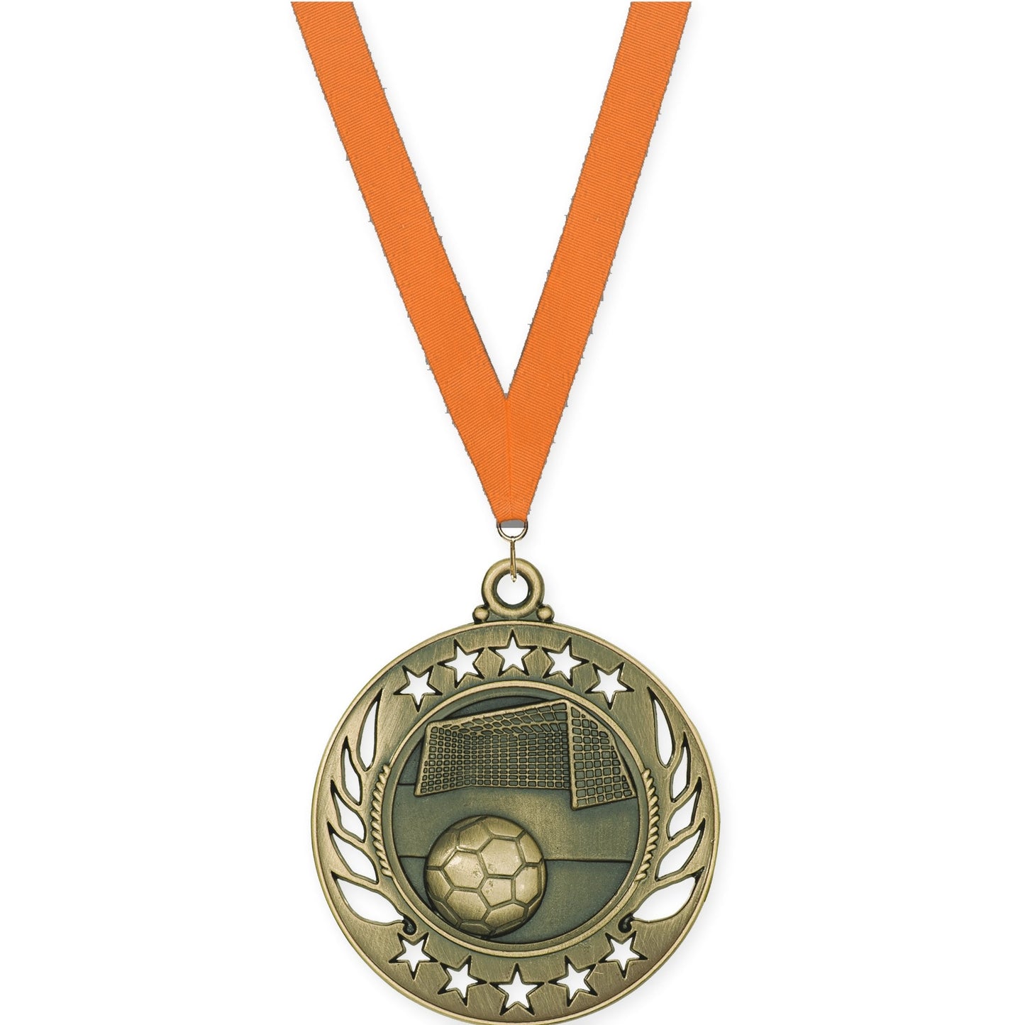 2 1/4 inch soccer Galaxy medal in antique gold with Orange neck ribbon