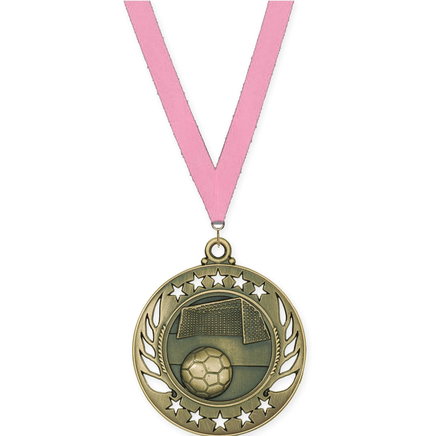 2 1/4 inch soccer Galaxy medal in antique gold with Pink neck ribbon