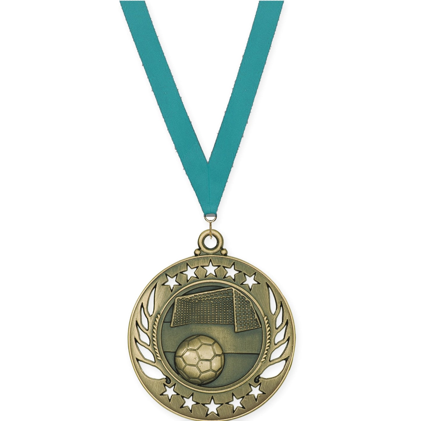 2 1/4 inch soccer Galaxy medal in antique gold with Teal neck ribbon