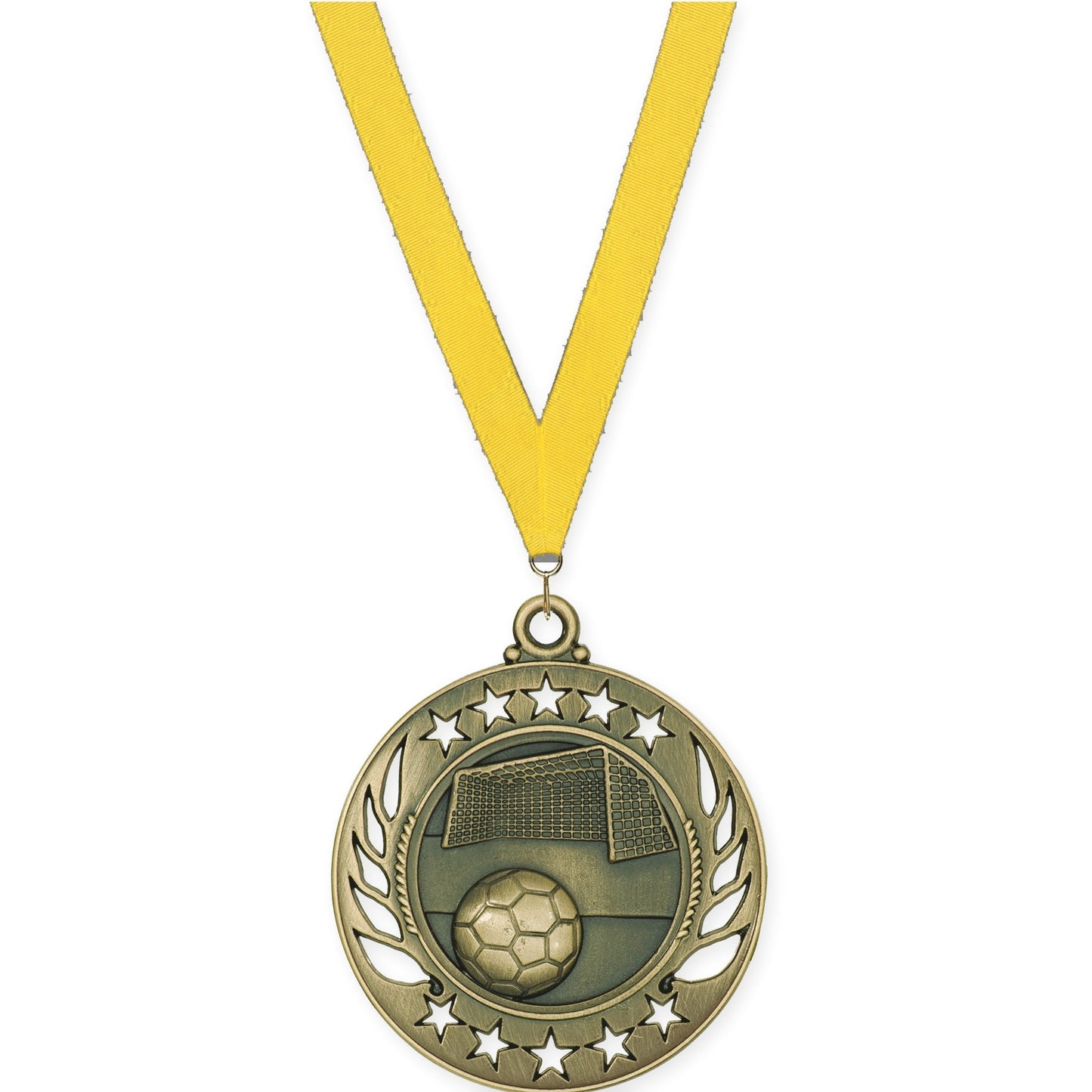 2 1/4 inch soccer Galaxy medal in antique gold with Yellow neck ribbon