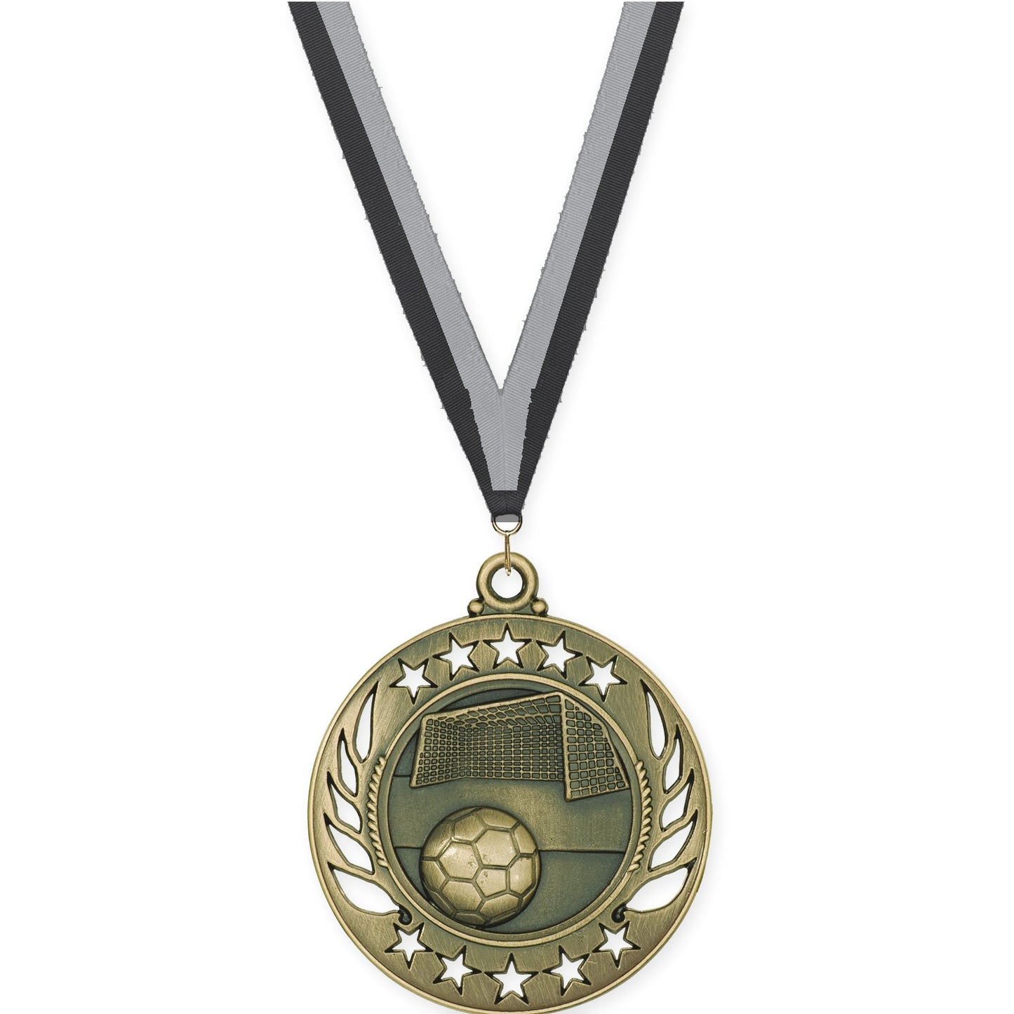 2 1/4 inch soccer Galaxy medal in antique gold with Black Gray neck ribbon