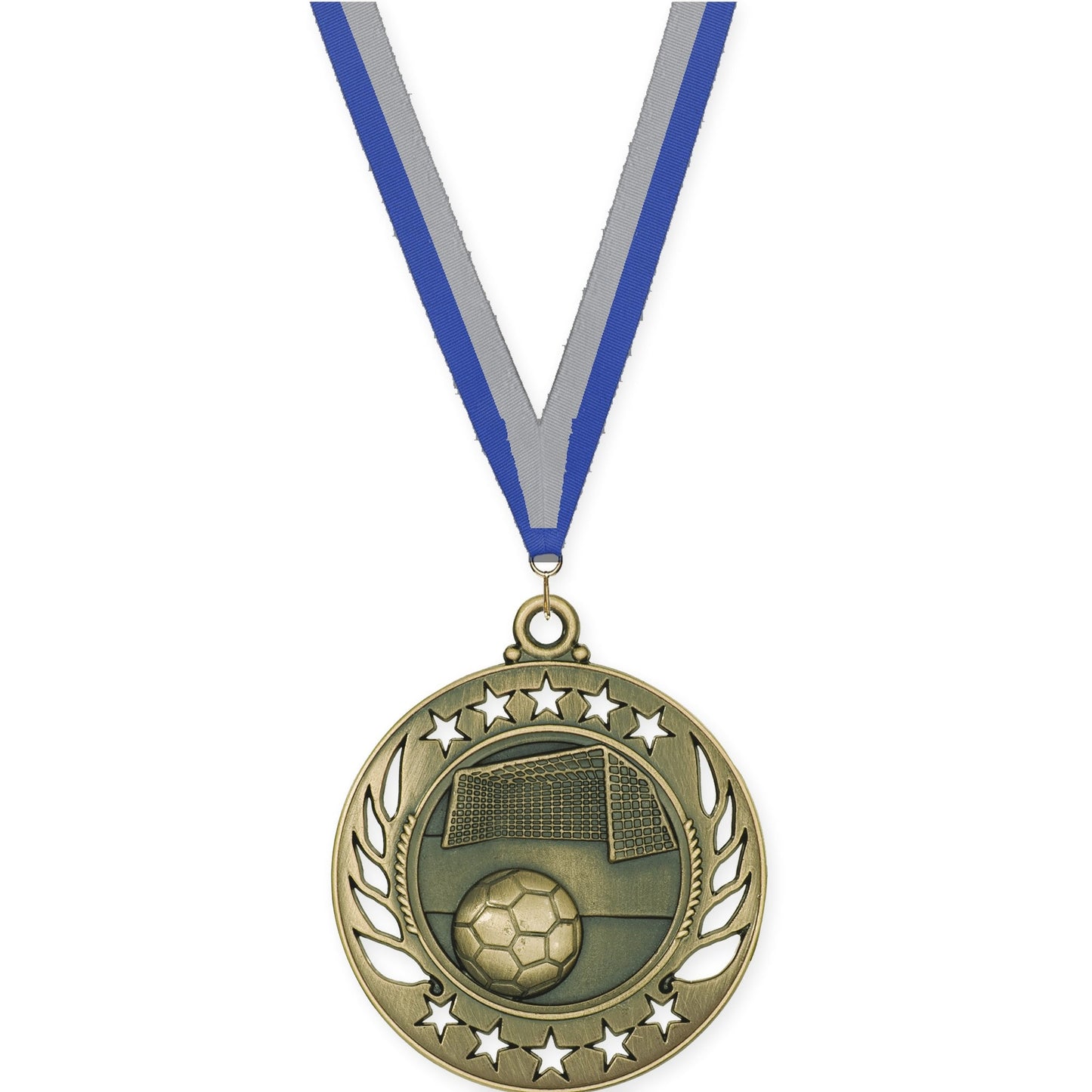 2 1/4 inch soccer Galaxy medal in antique gold with Blue Gray neck ribbon