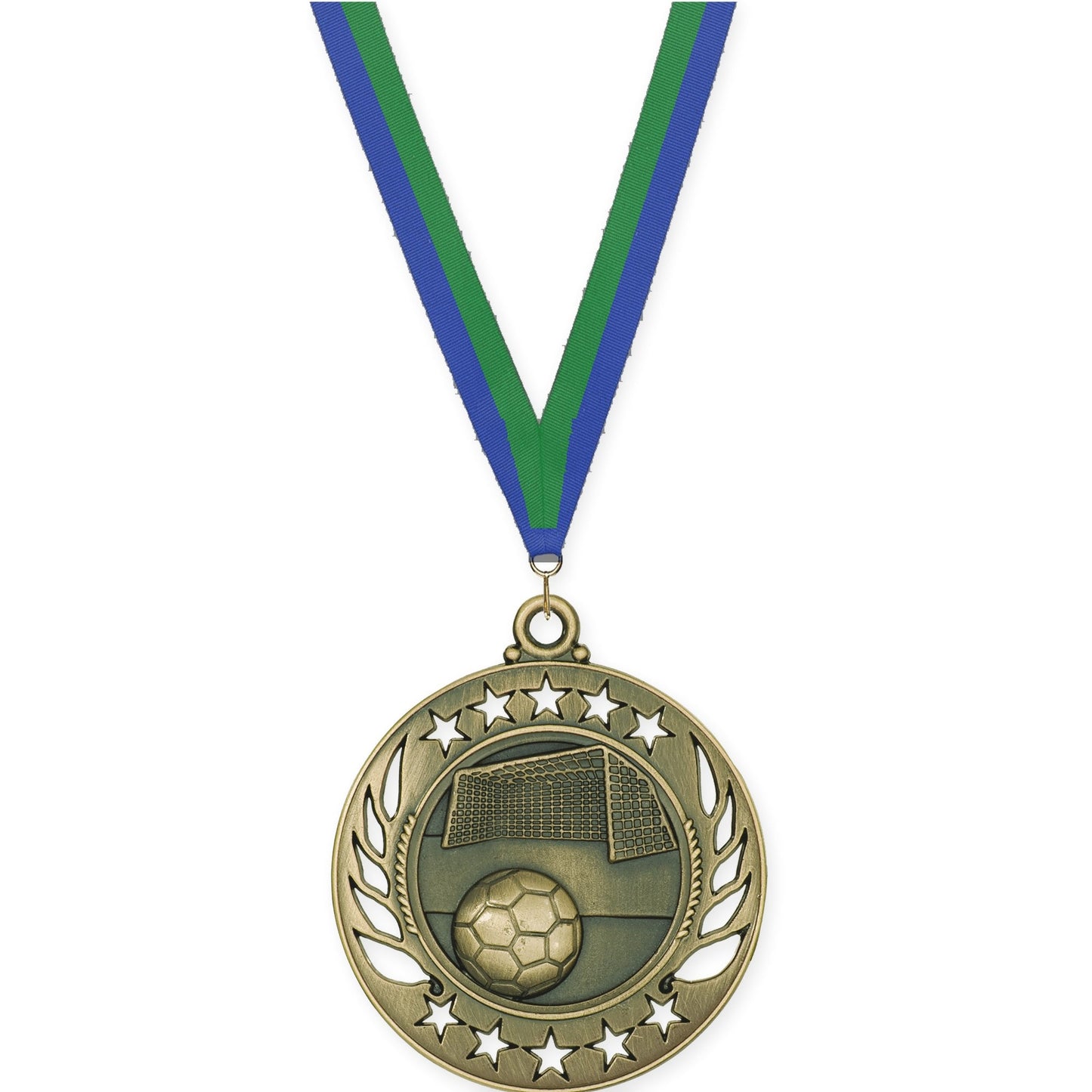 2 1/4 inch soccer Galaxy medal in antique gold with Blue Green neck ribbon