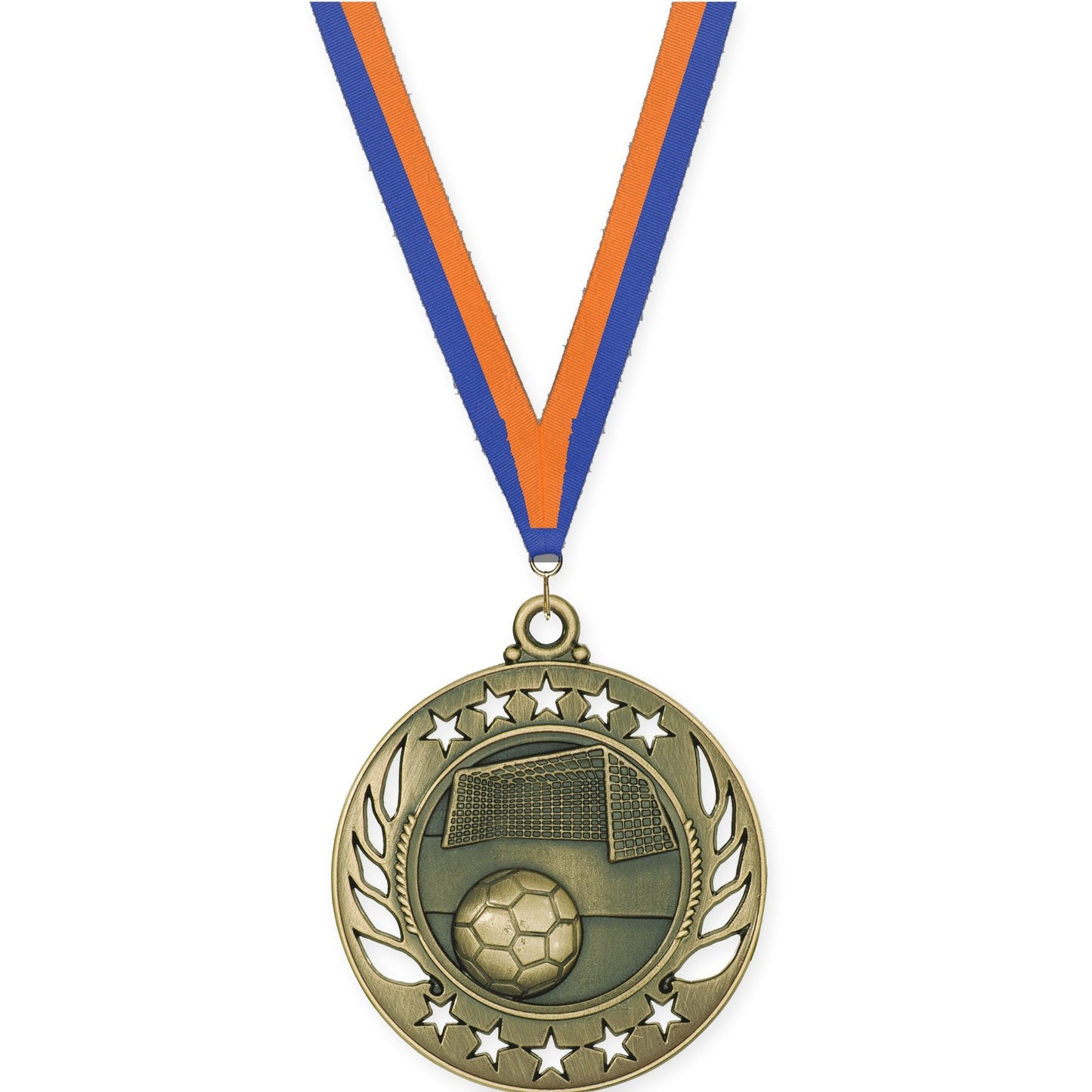 2 1/4 inch soccer Galaxy medal in antique gold with Blue Orange neck ribbon