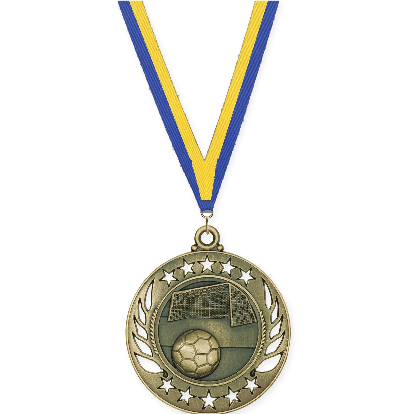 2 1/4 inch soccer Galaxy medal in antique gold with Blue Yellow neck ribbon