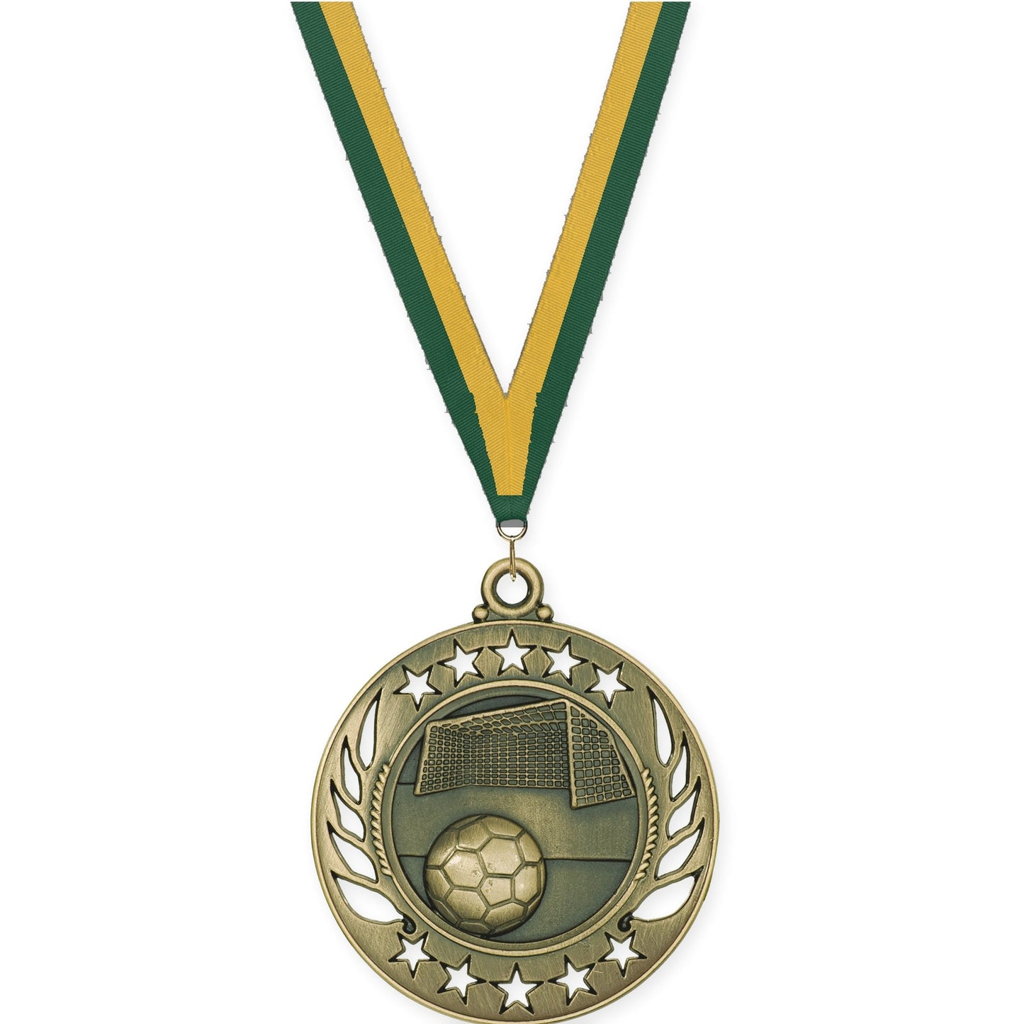2 1/4 inch soccer Galaxy medal in antique gold with Hunter Green Gold neck ribbon