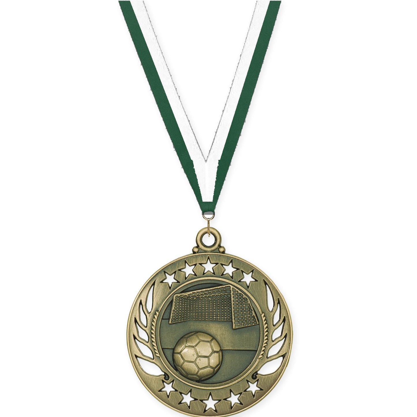 2 1/4 inch soccer Galaxy medal in antique gold with Hunter Green White neck ribbon