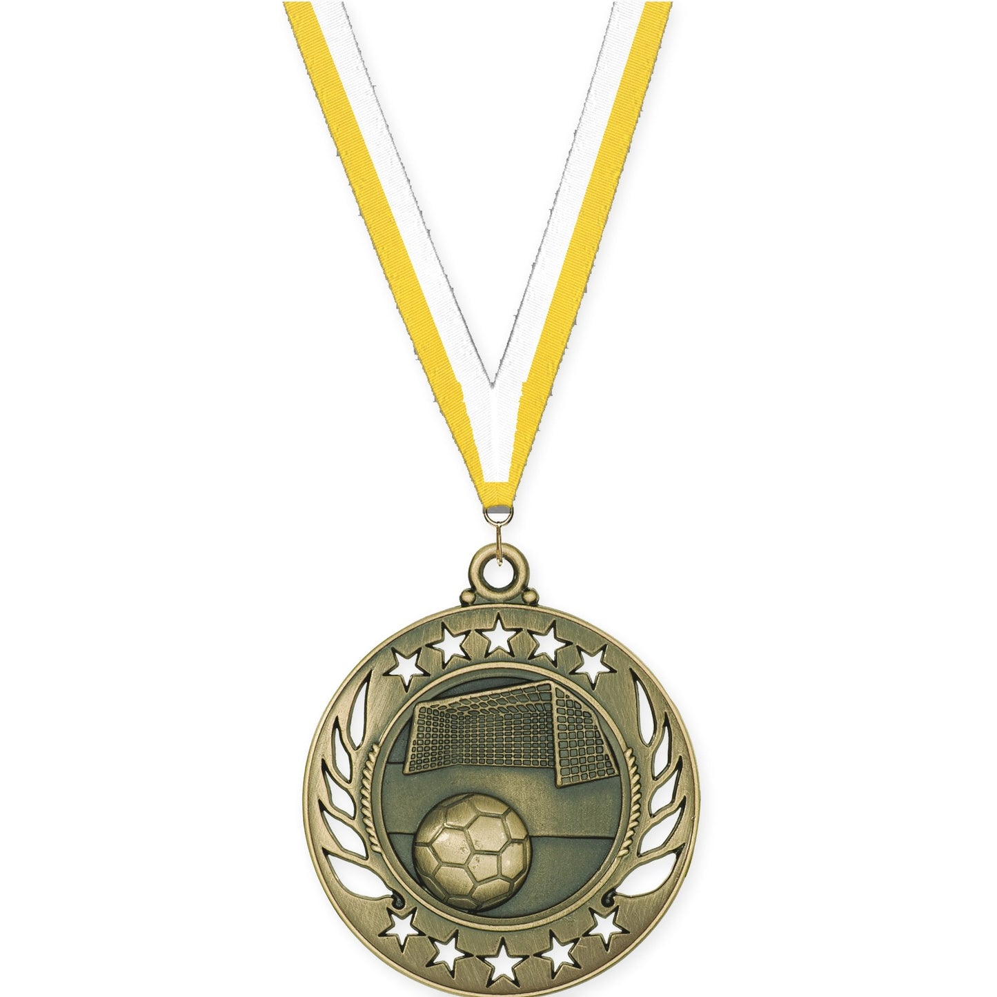 2 1/4 inch soccer Galaxy medal in antique gold with Yellow White neck ribbon