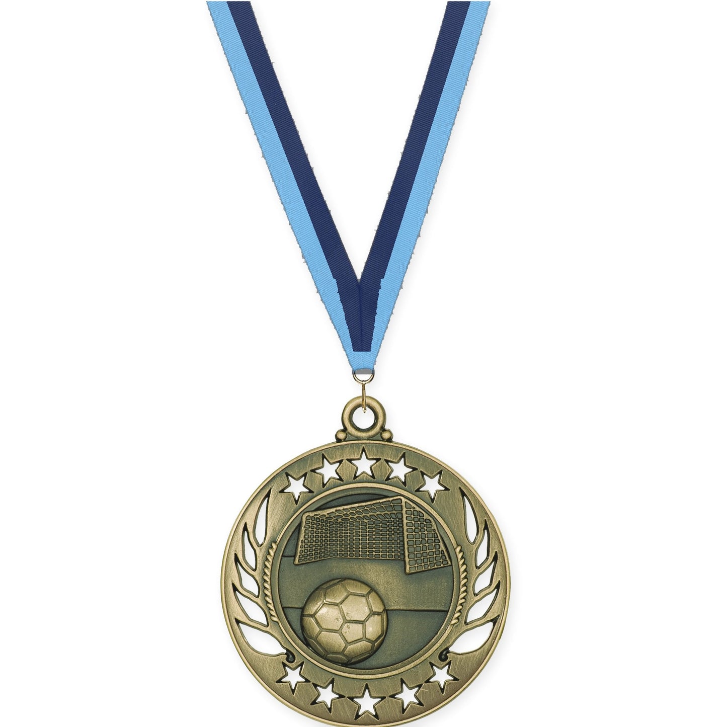 2 1/4 inch soccer Galaxy medal in antique gold with Light Blue Navy neck ribbon