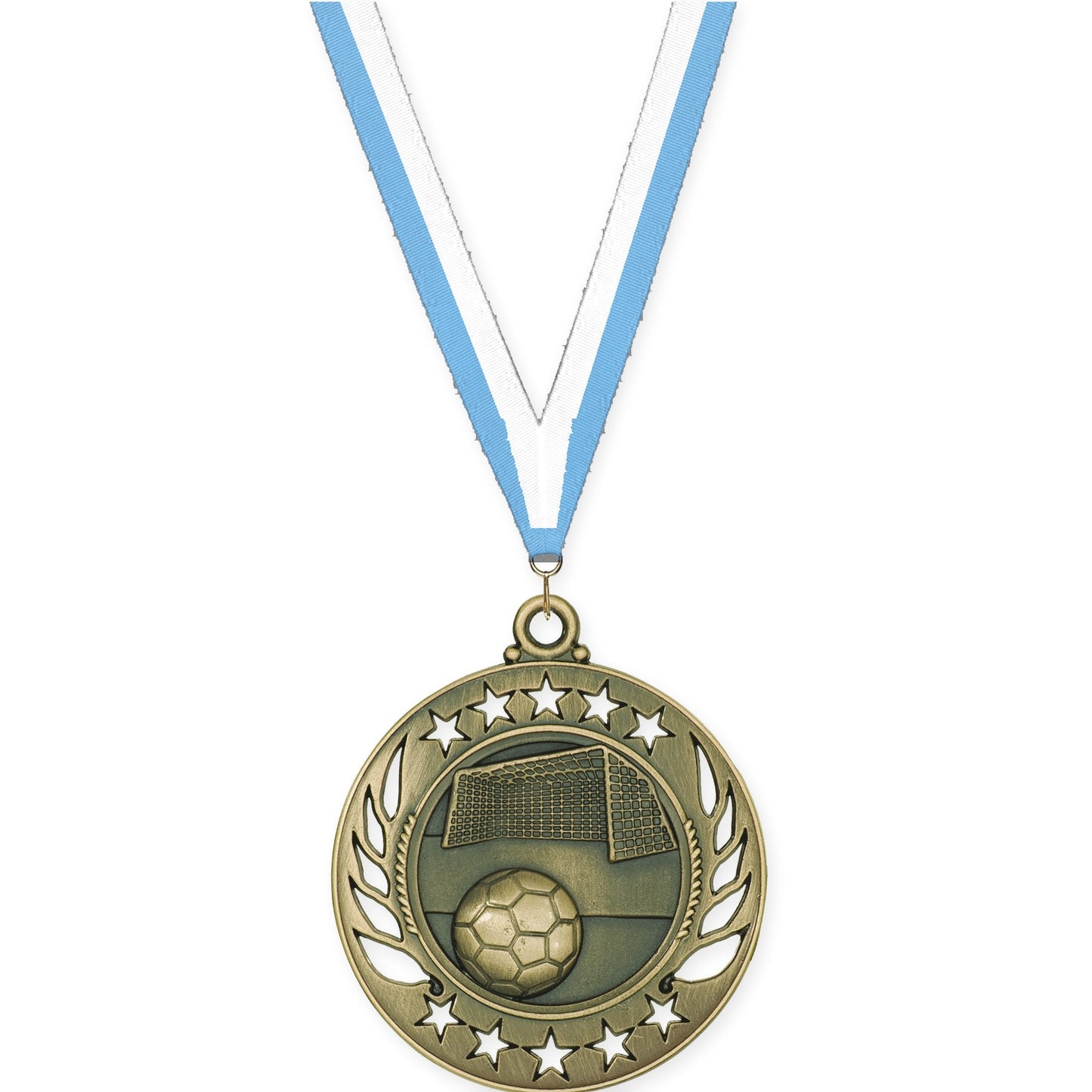 2 1/4 inch soccer Galaxy medal in antique gold with Light Blue White neck ribbon
