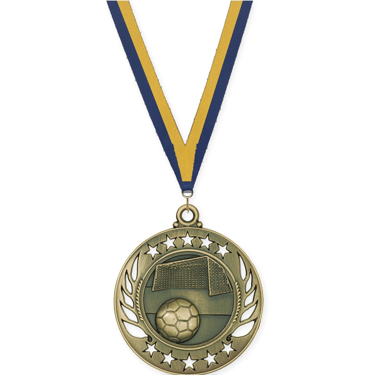 2 1/4 inch soccer Galaxy medal in antique gold with Navy Gold neck ribbon