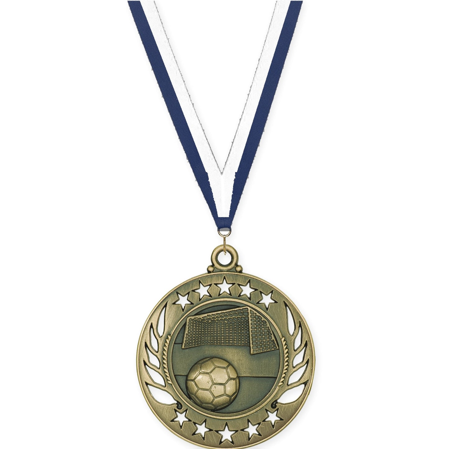 2 1/4 inch soccer Galaxy medal in antique gold with Navy White neck ribbon