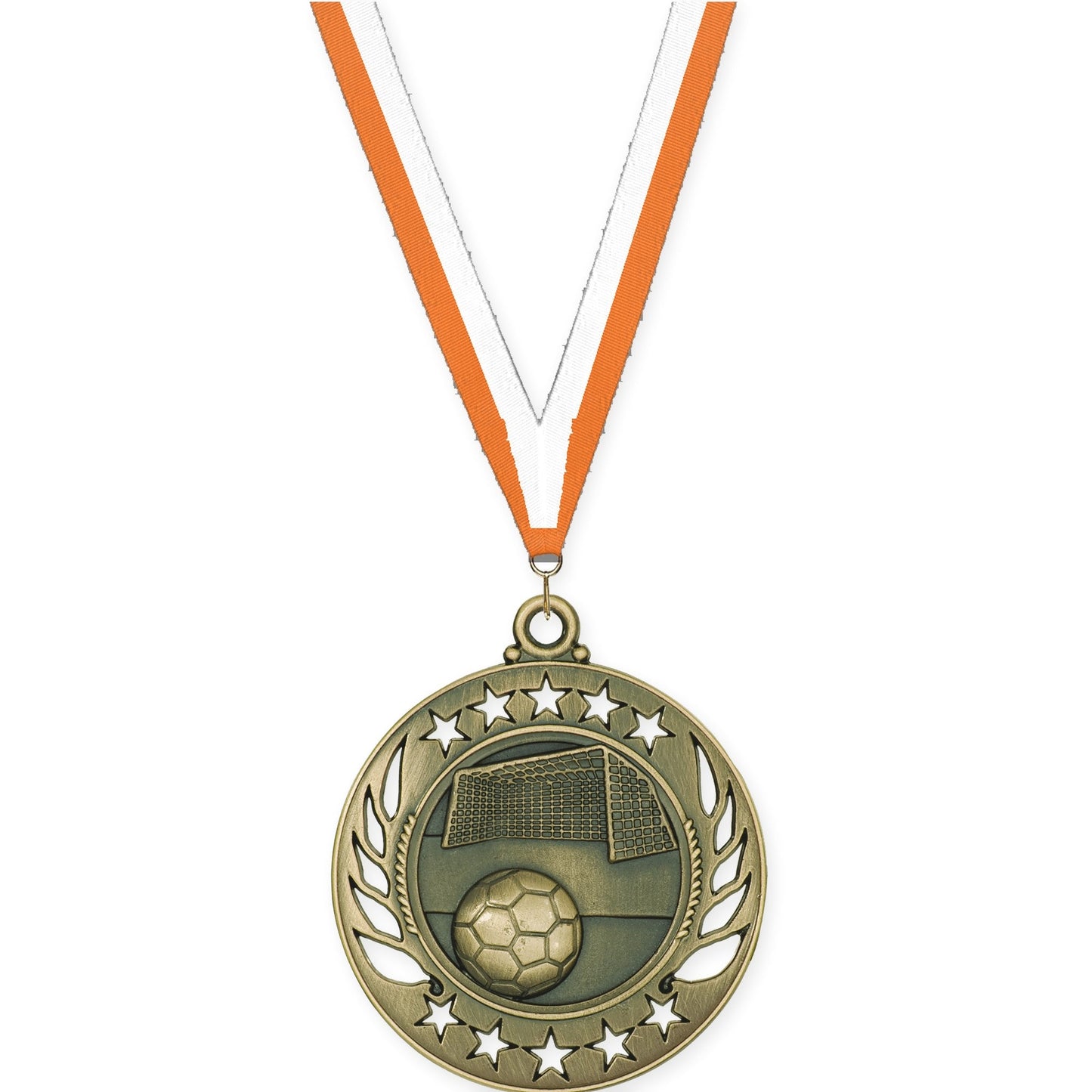 2 1/4 inch soccer Galaxy medal in antique gold with Orange White neck ribbon