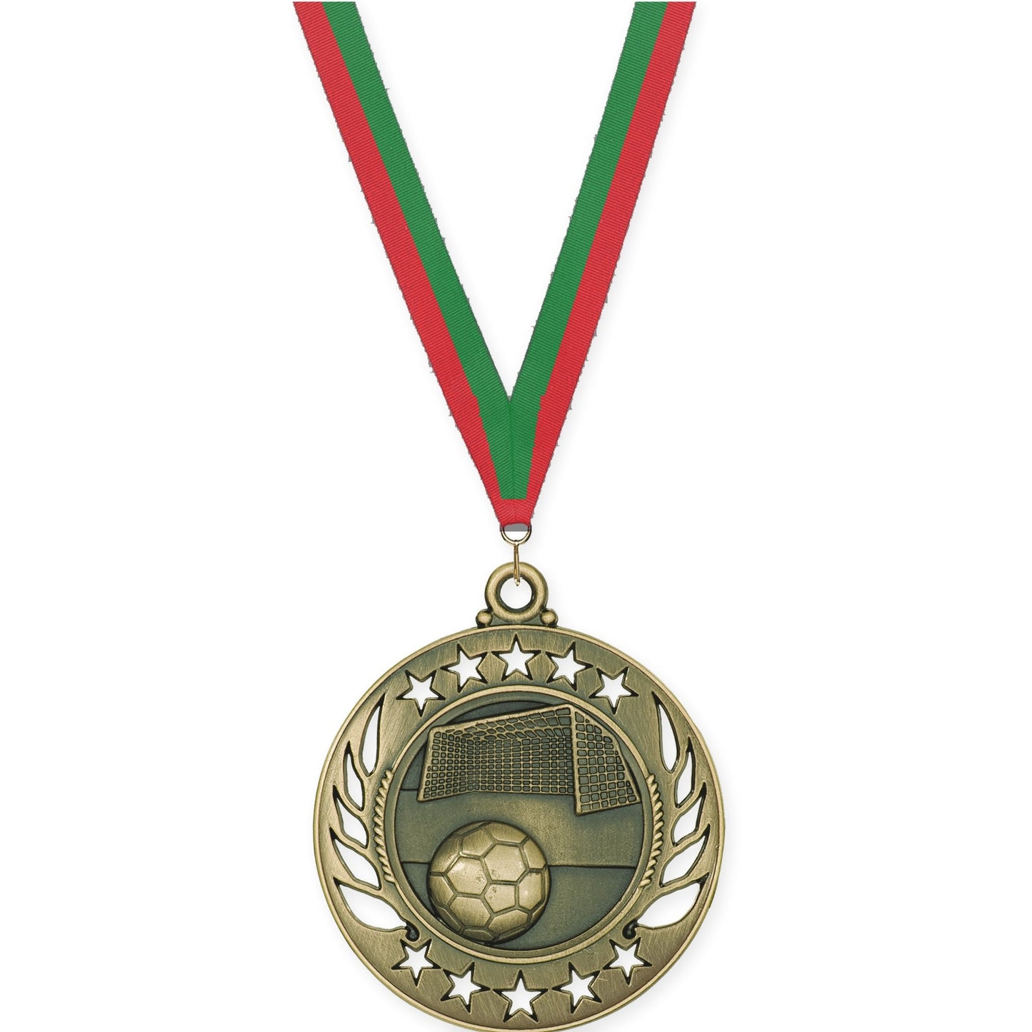 2 1/4 inch soccer Galaxy medal in antique gold with Red Green neck ribbon