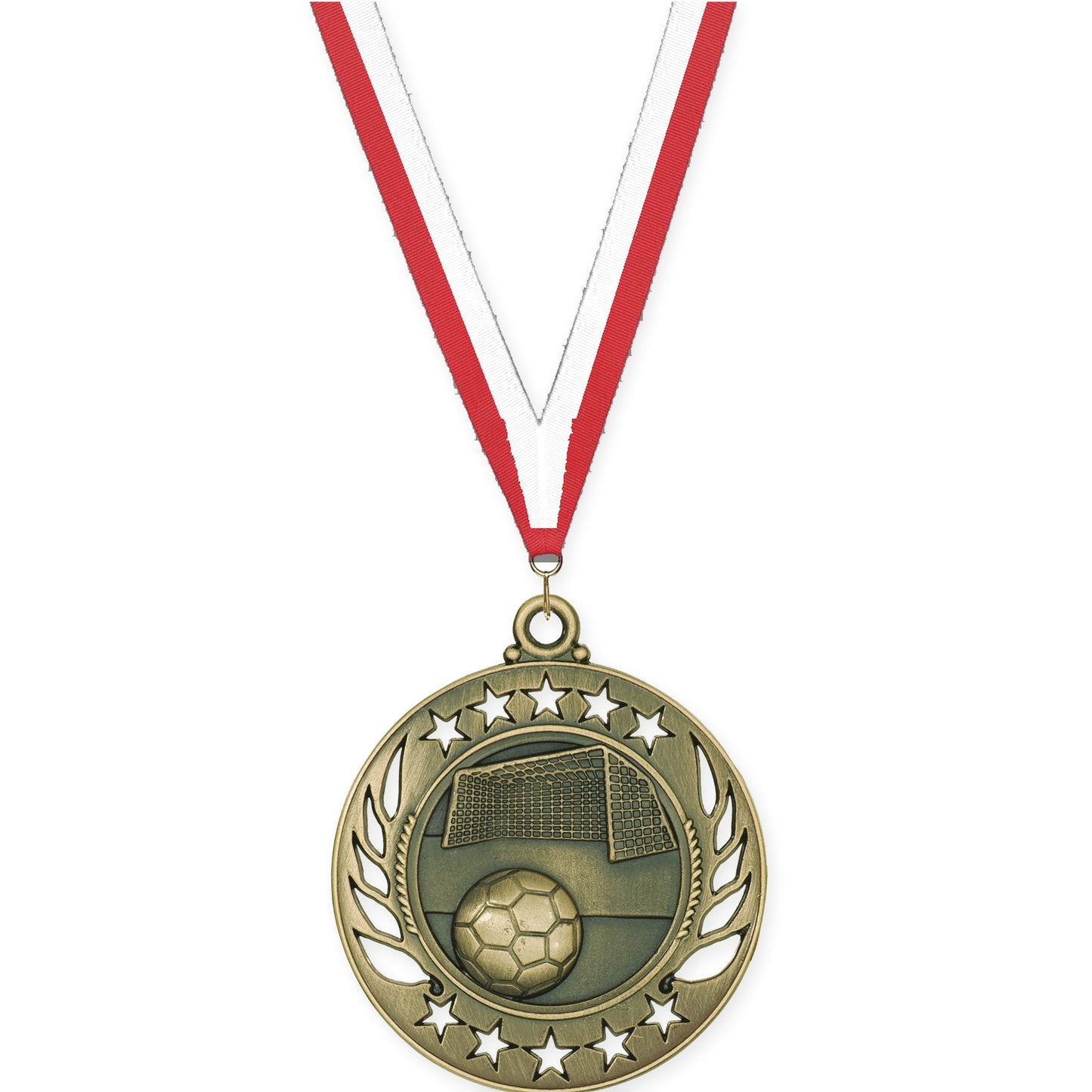 2 1/4 inch soccer Galaxy medal in antique gold with Red White neck ribbon
