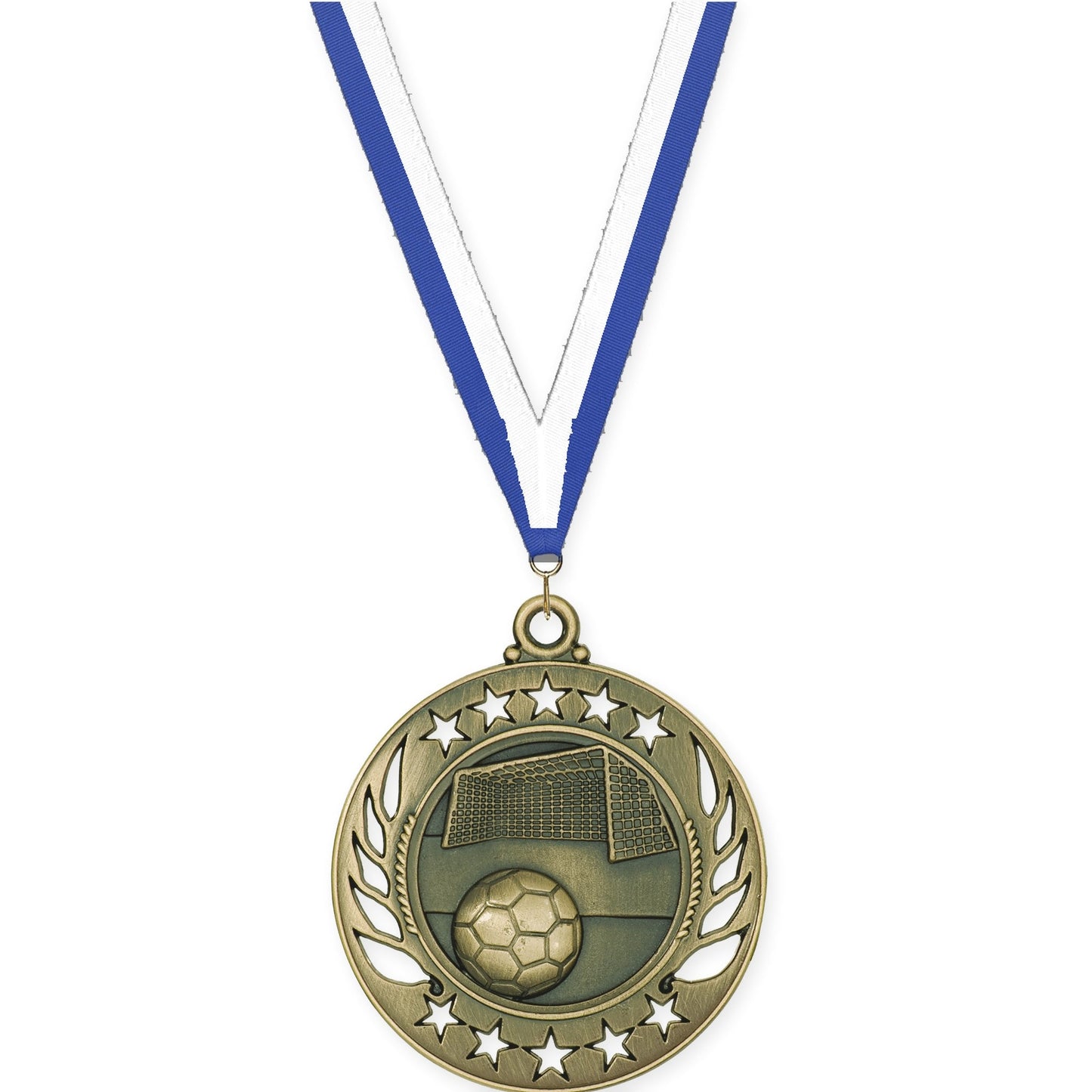 2 1/4 inch soccer Galaxy medal in antique gold with Blue White neck ribbon