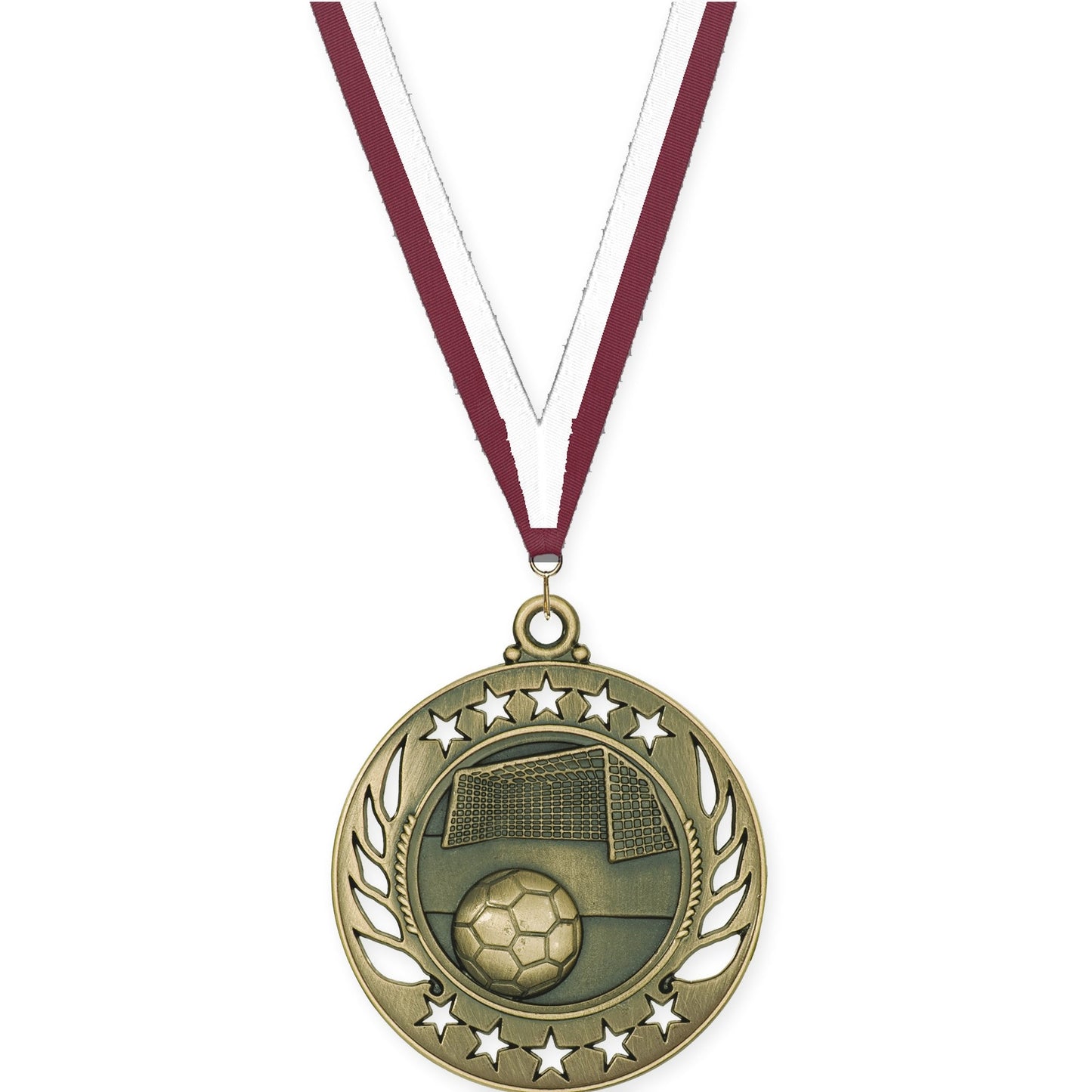 2 1/4 inch soccer Galaxy medal in antique gold with Maroon White neck ribbon