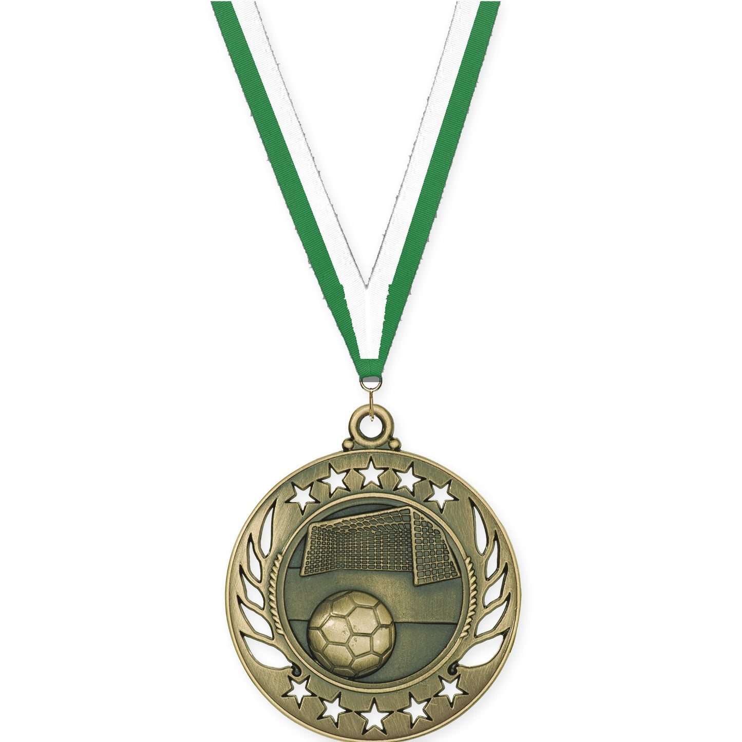2 1/4 inch soccer Galaxy medal in antique gold with Green White neck ribbon