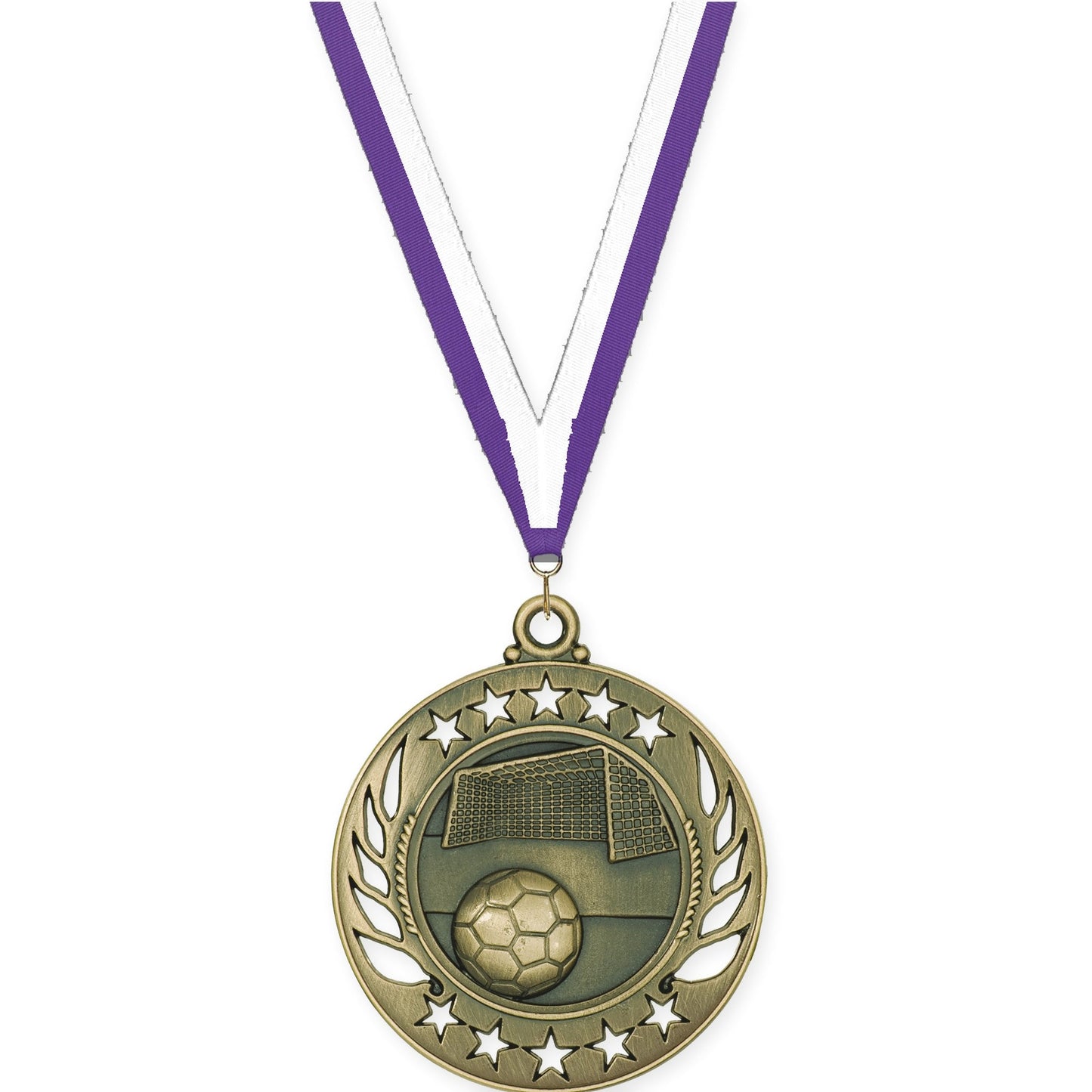2 1/4 inch soccer Galaxy medal in antique gold with Purple White neck ribbon