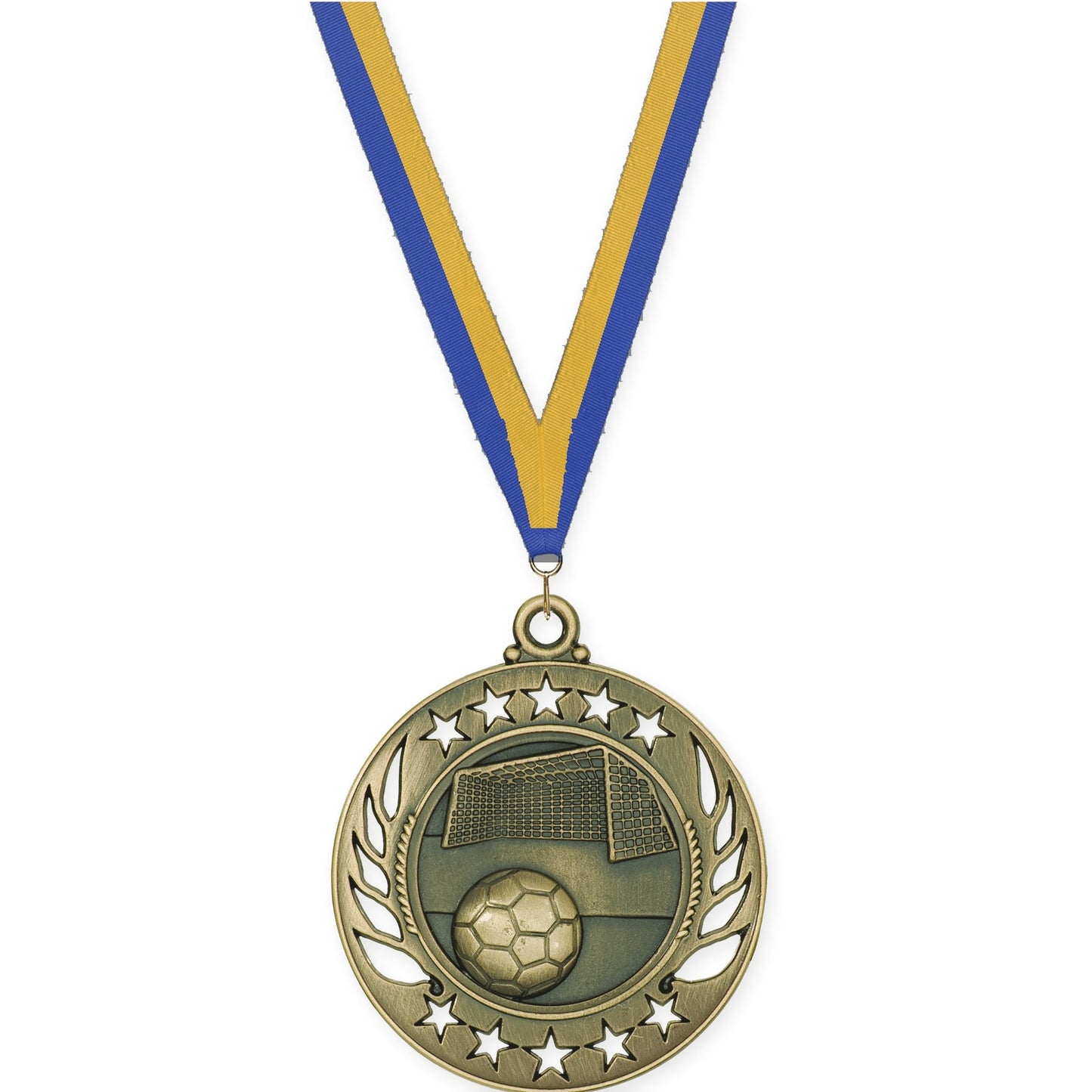 2 1/4 inch soccer Galaxy medal in antique gold with Blue Gold neck ribbon