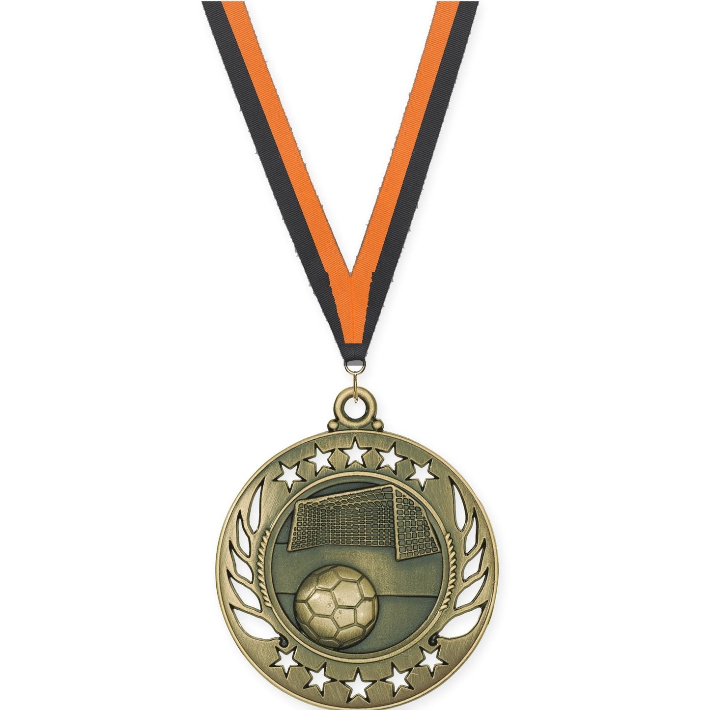 2 1/4 inch soccer Galaxy medal in antique gold with Black Orange neck ribbon