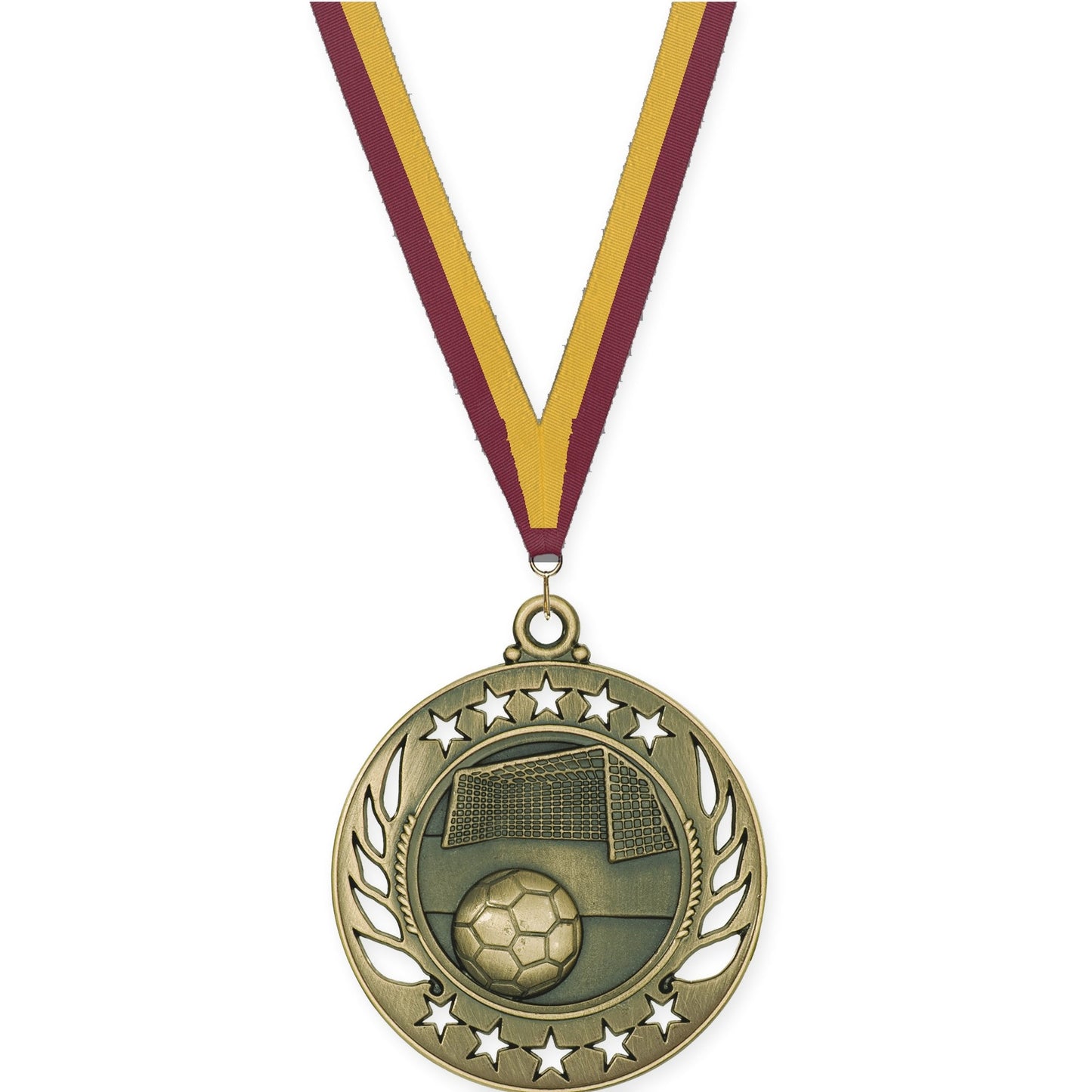 2 1/4 inch soccer Galaxy medal in antique gold with Maroon Gold neck ribbon