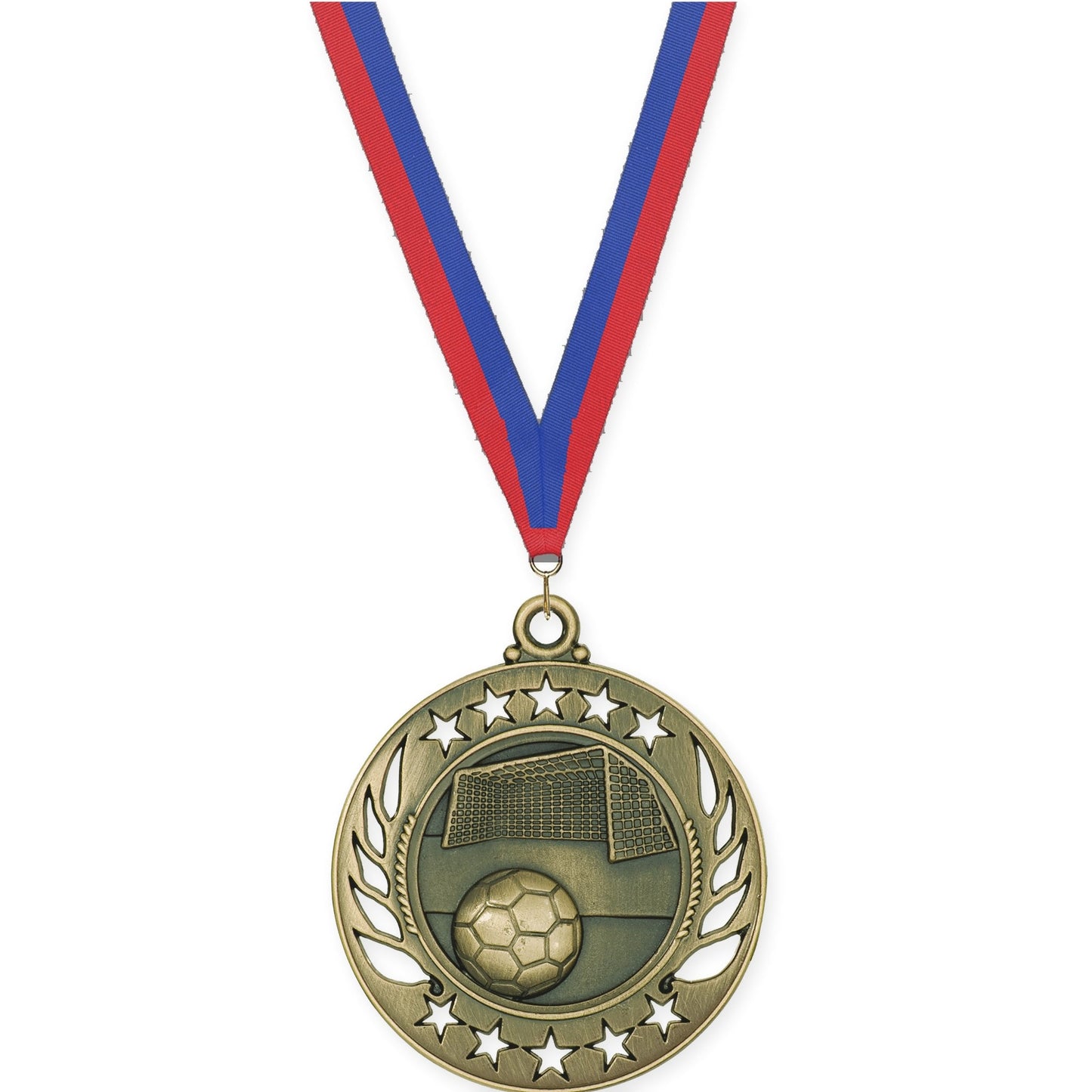 2 1/4 inch soccer Galaxy medal in antique gold with Blue Red neck ribbon