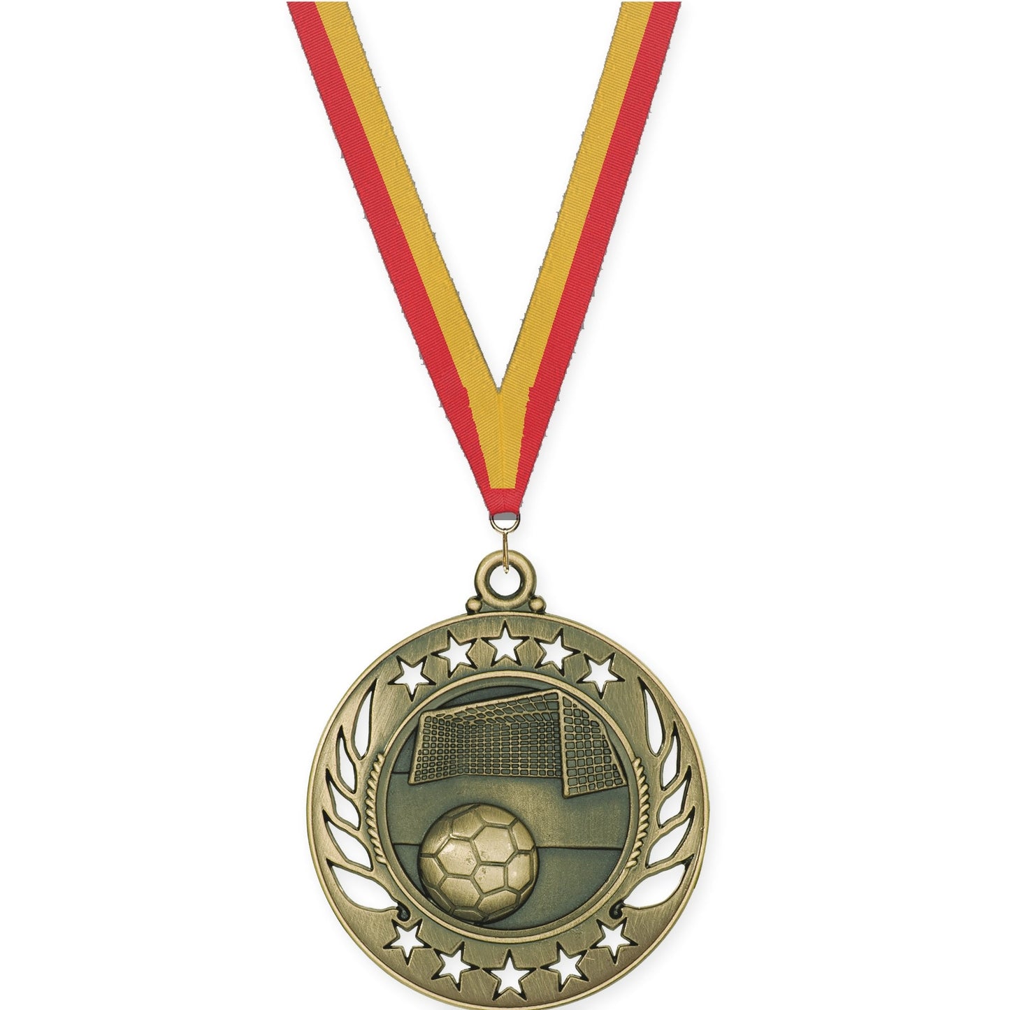 2 1/4 inch soccer Galaxy medal in antique gold with Red Gold neck ribbon