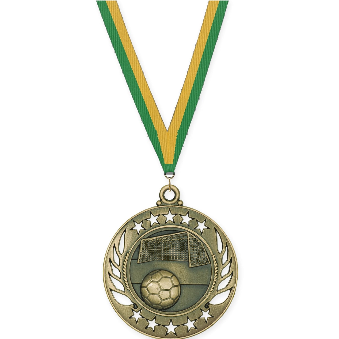 2 1/4 inch soccer Galaxy medal in antique gold with Green Gold neck ribbon
