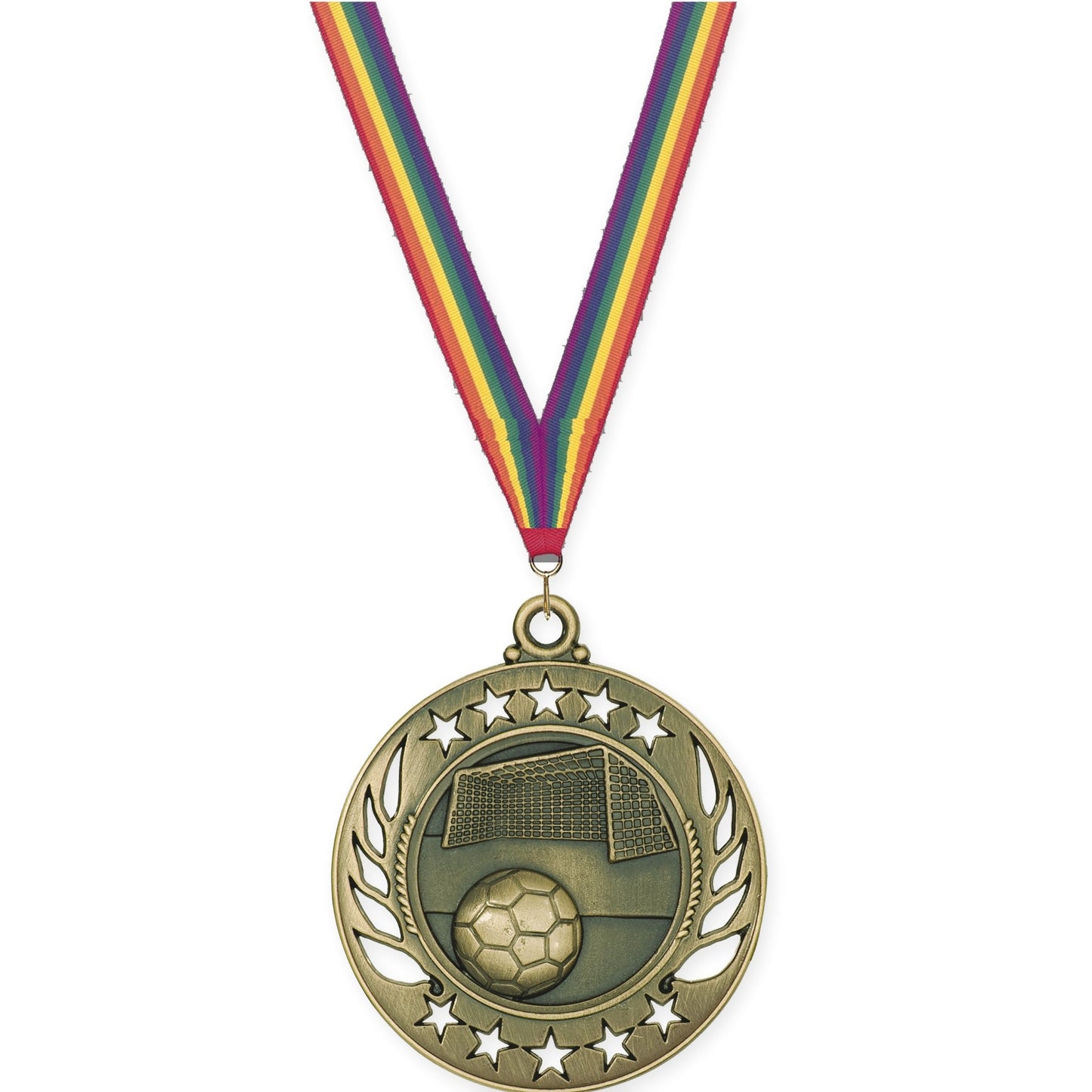 2 1/4 inch soccer Galaxy medal in antique gold with Rainbow neck ribbon