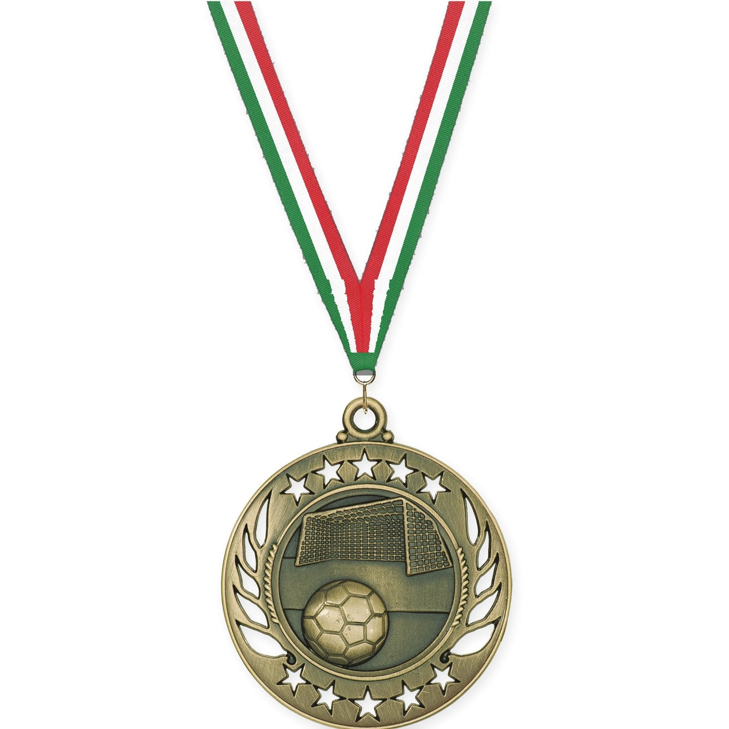 2 1/4 inch soccer Galaxy medal in antique gold with Green White Red neck ribbon