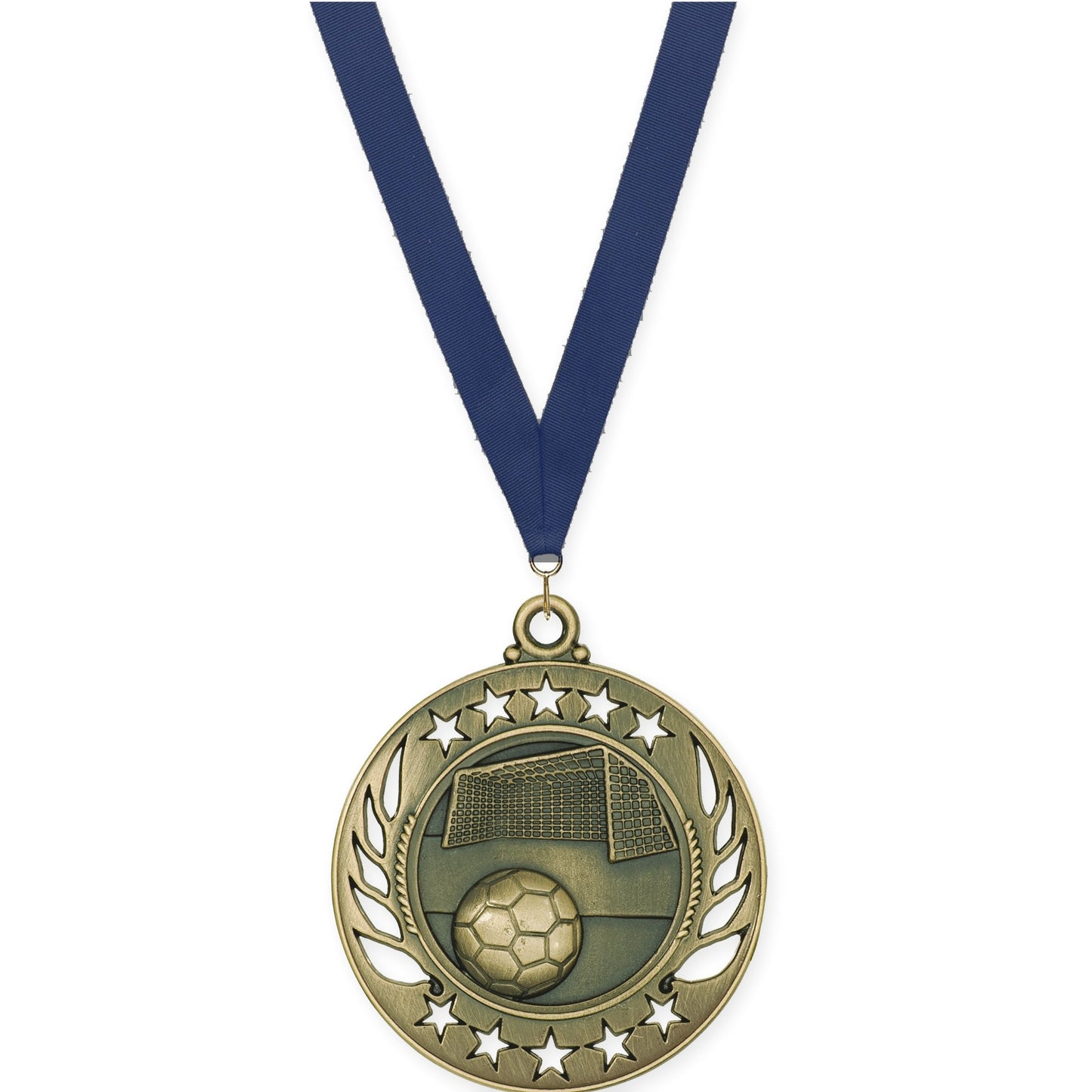 2 1/4 inch soccer Galaxy medal in antique gold with Navy neck ribbon