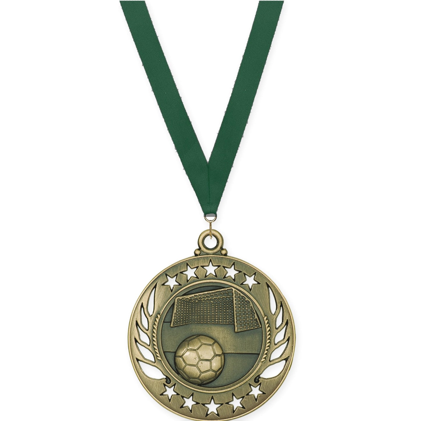 2 1/4 inch soccer Galaxy medal in antique gold with Hunter Green neck ribbon