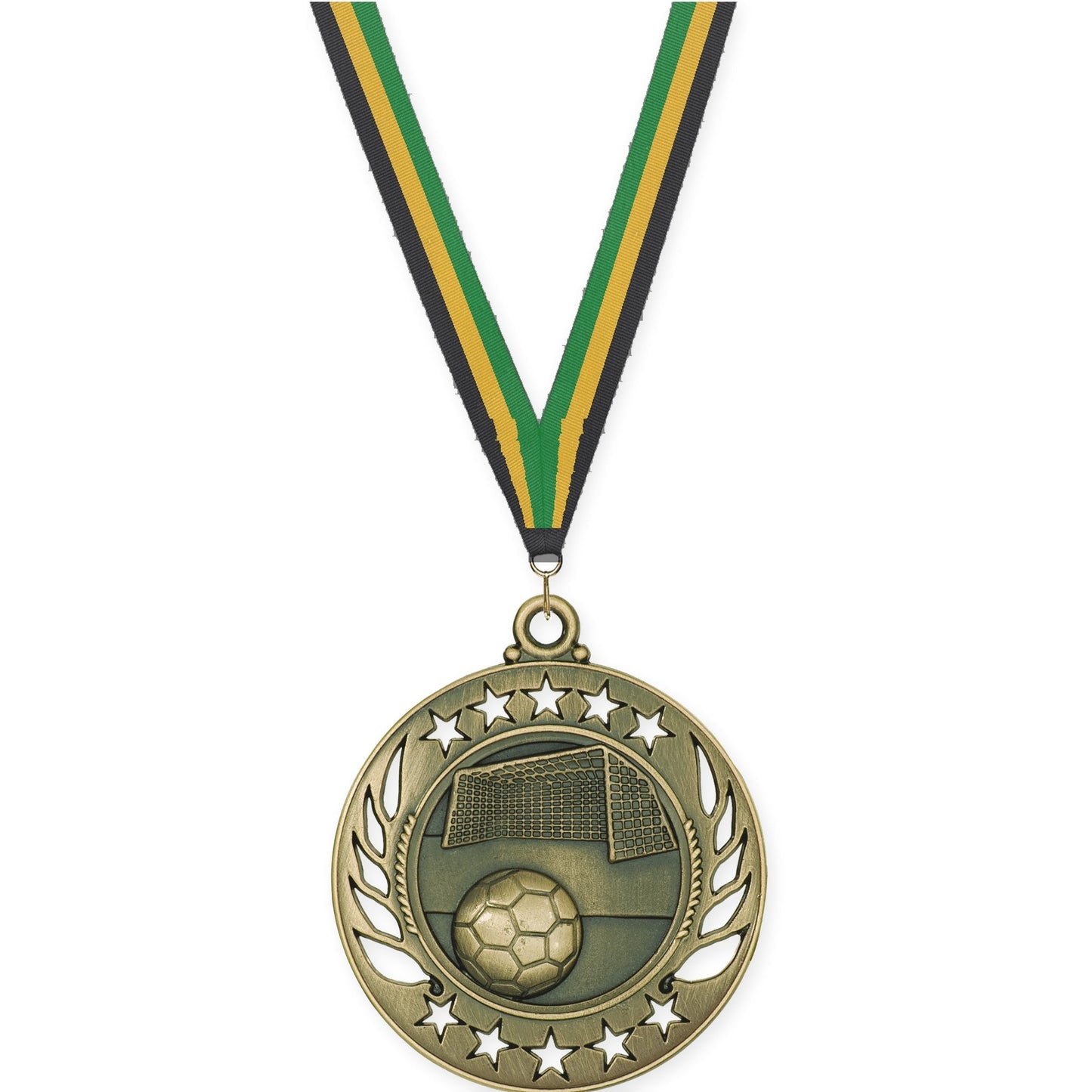 2 1/4 inch soccer Galaxy medal in antique gold with Black Gold Green neck ribbon