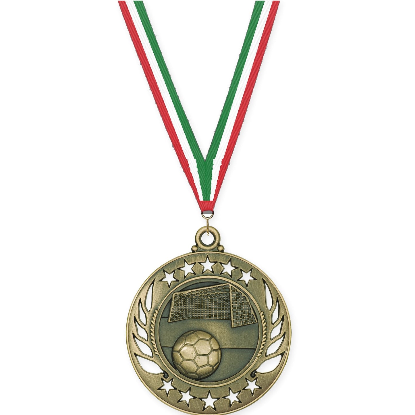 2 1/4 inch soccer Galaxy medal in antique gold with Red White Green neck ribbon