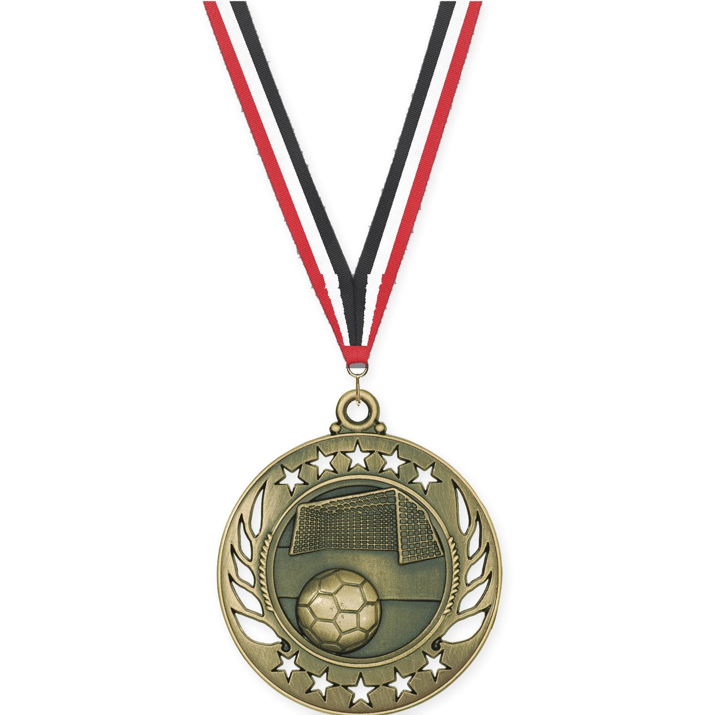 2 1/4 inch soccer Galaxy medal in antique gold with Red White Black neck ribbon