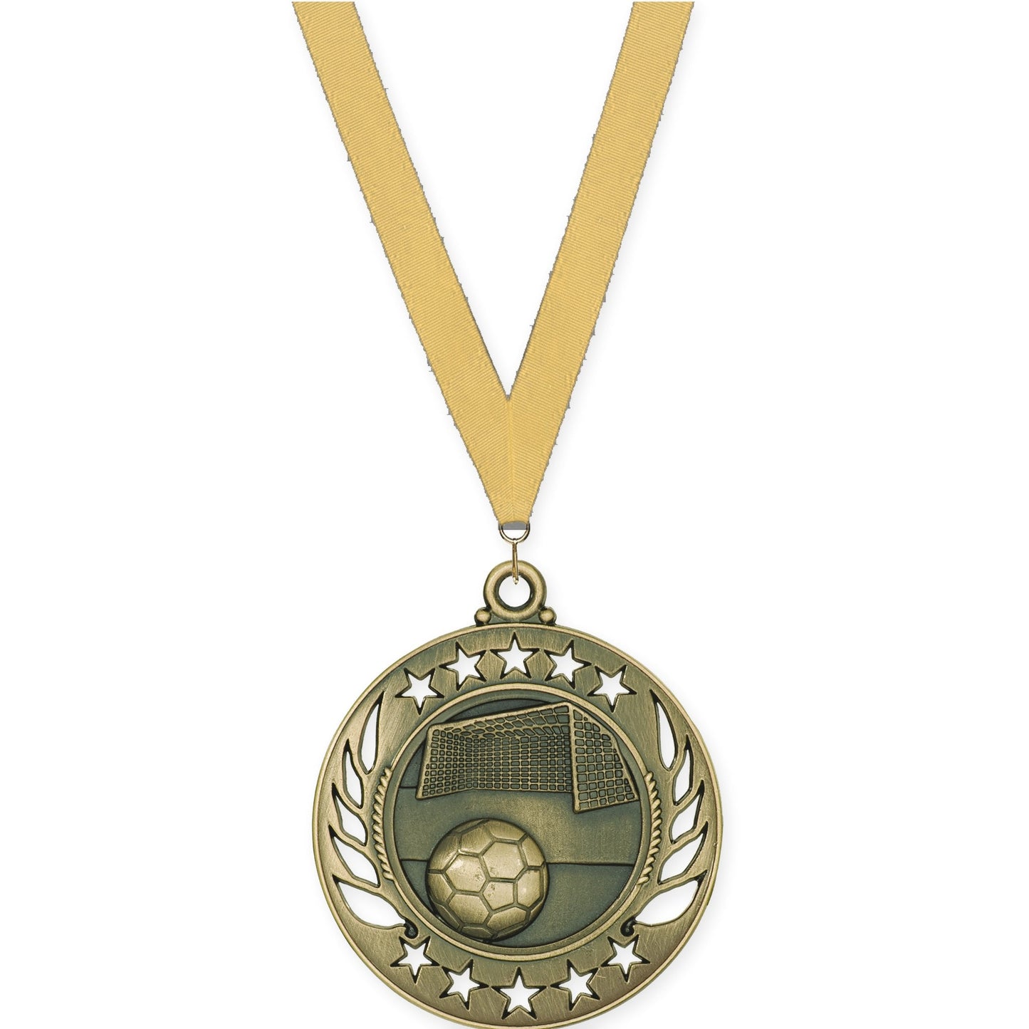 2 1/4 inch soccer Galaxy medal in antique gold with Gold Metallic neck ribbon