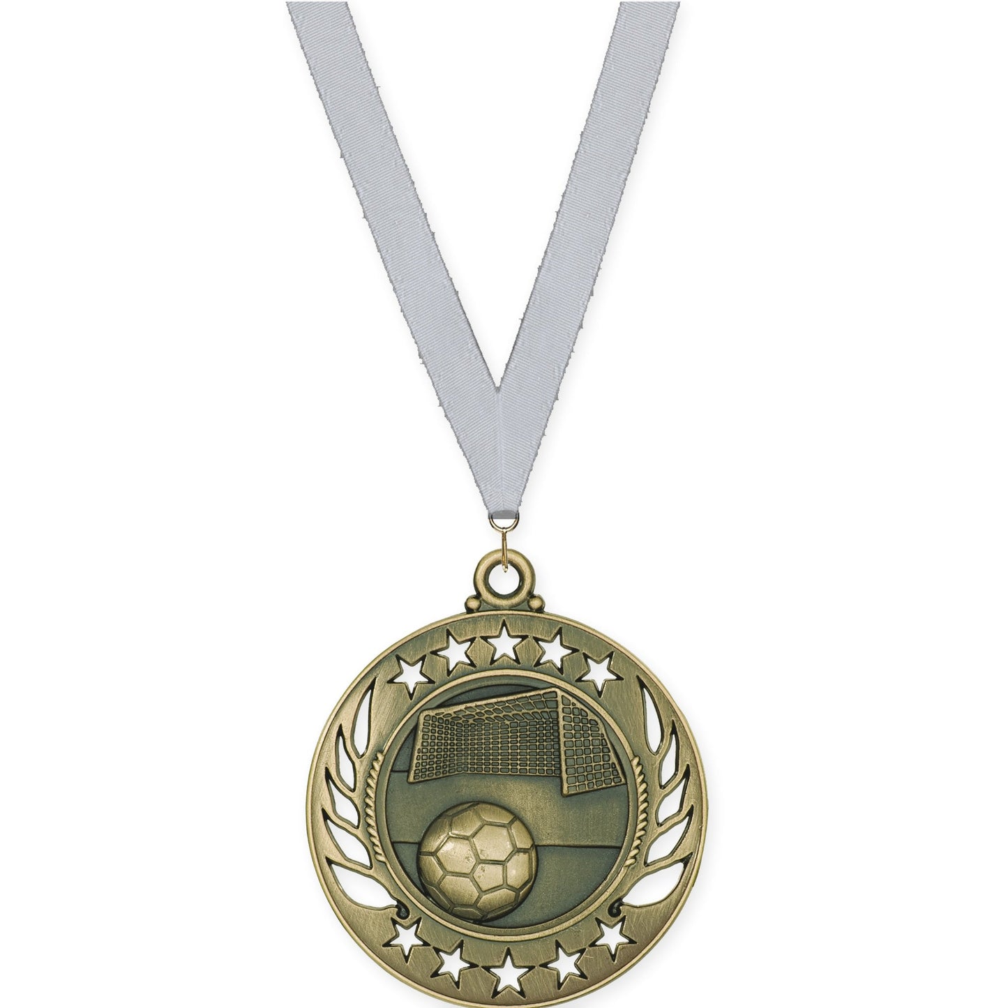 2 1/4 inch soccer Galaxy medal in antique gold with Silver Metallic neck ribbon