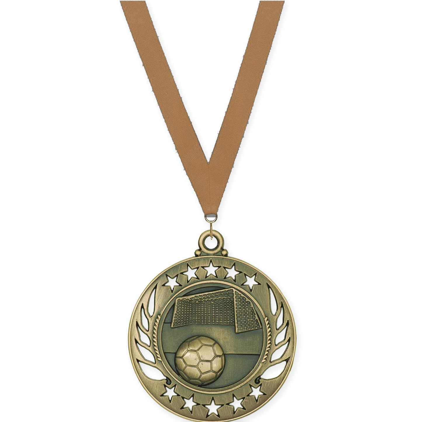 2 1/4 inch soccer Galaxy medal in antique gold with Bronze Metallic neck ribbon