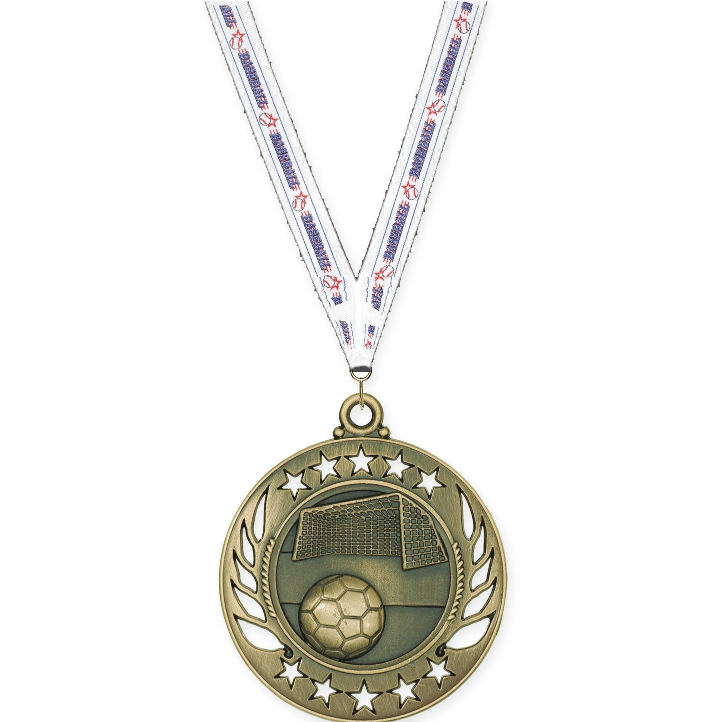 2 1/4 inch soccer Galaxy medal in antique gold with Baseball neck ribbon