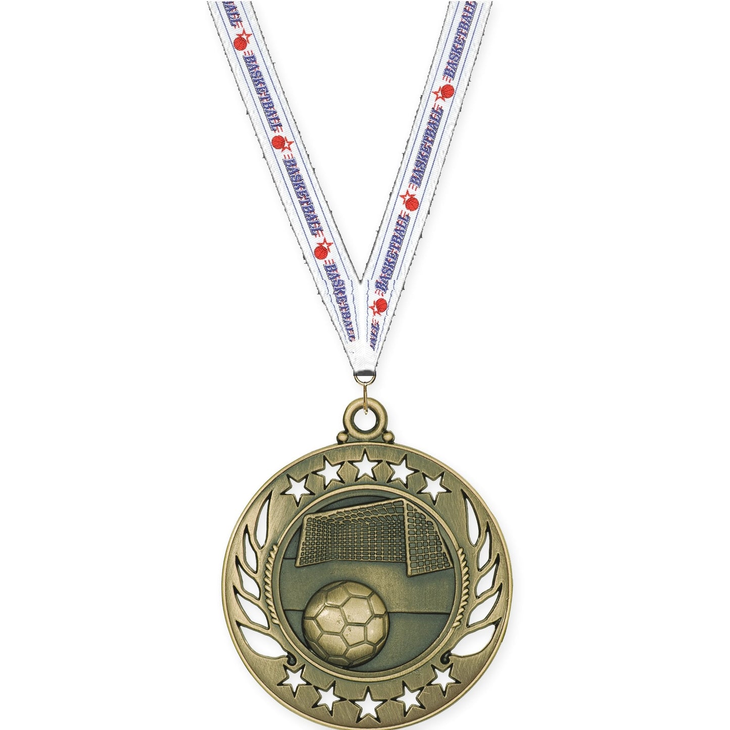 2 1/4 inch soccer Galaxy medal in antique gold with Basketball neck ribbon