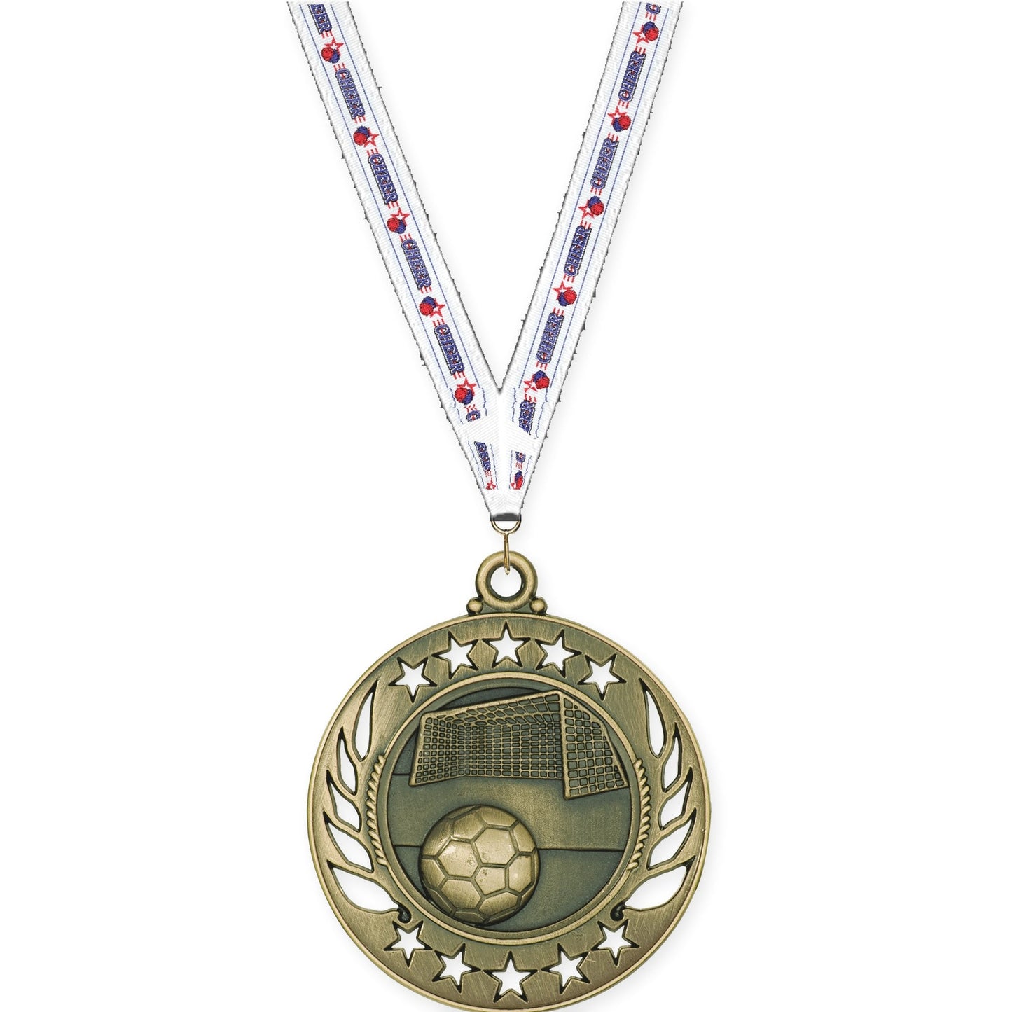 2 1/4 inch soccer Galaxy medal in antique gold with Cheerleading neck ribbon