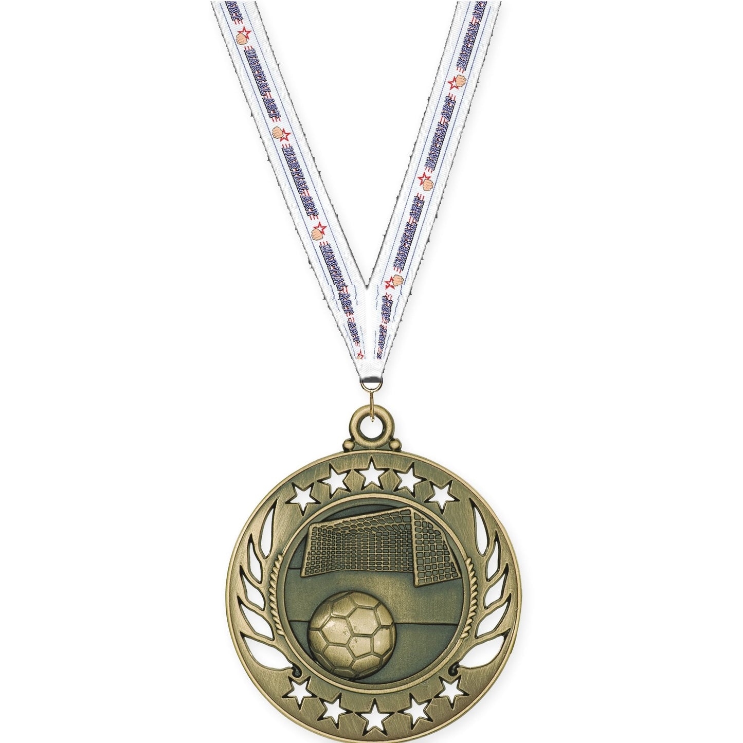 2 1/4 inch soccer Galaxy medal in antique gold with Martial Arts neck ribbon