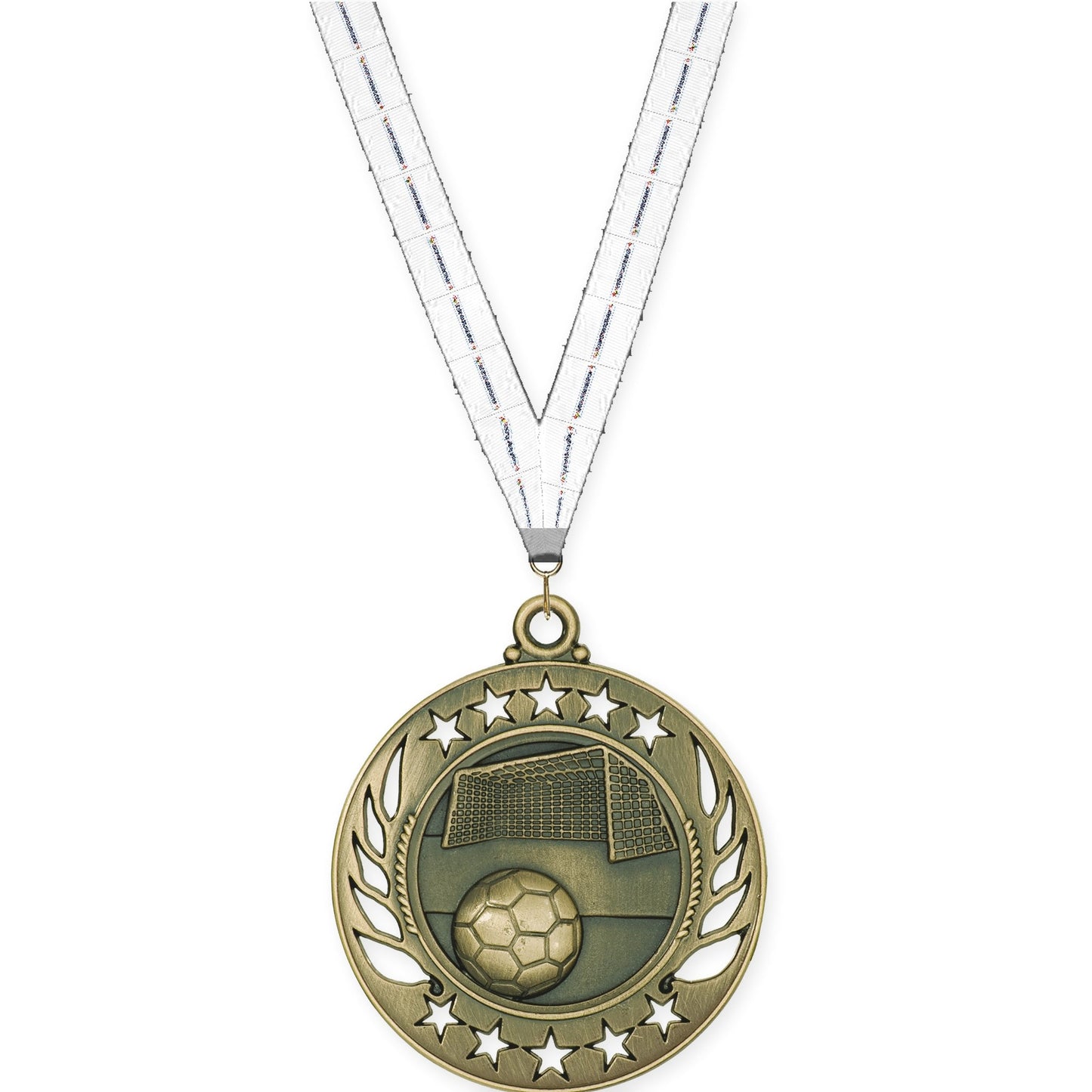 2 1/4 inch soccer Galaxy medal in antique gold with Lamp Of Knowledge neck ribbon